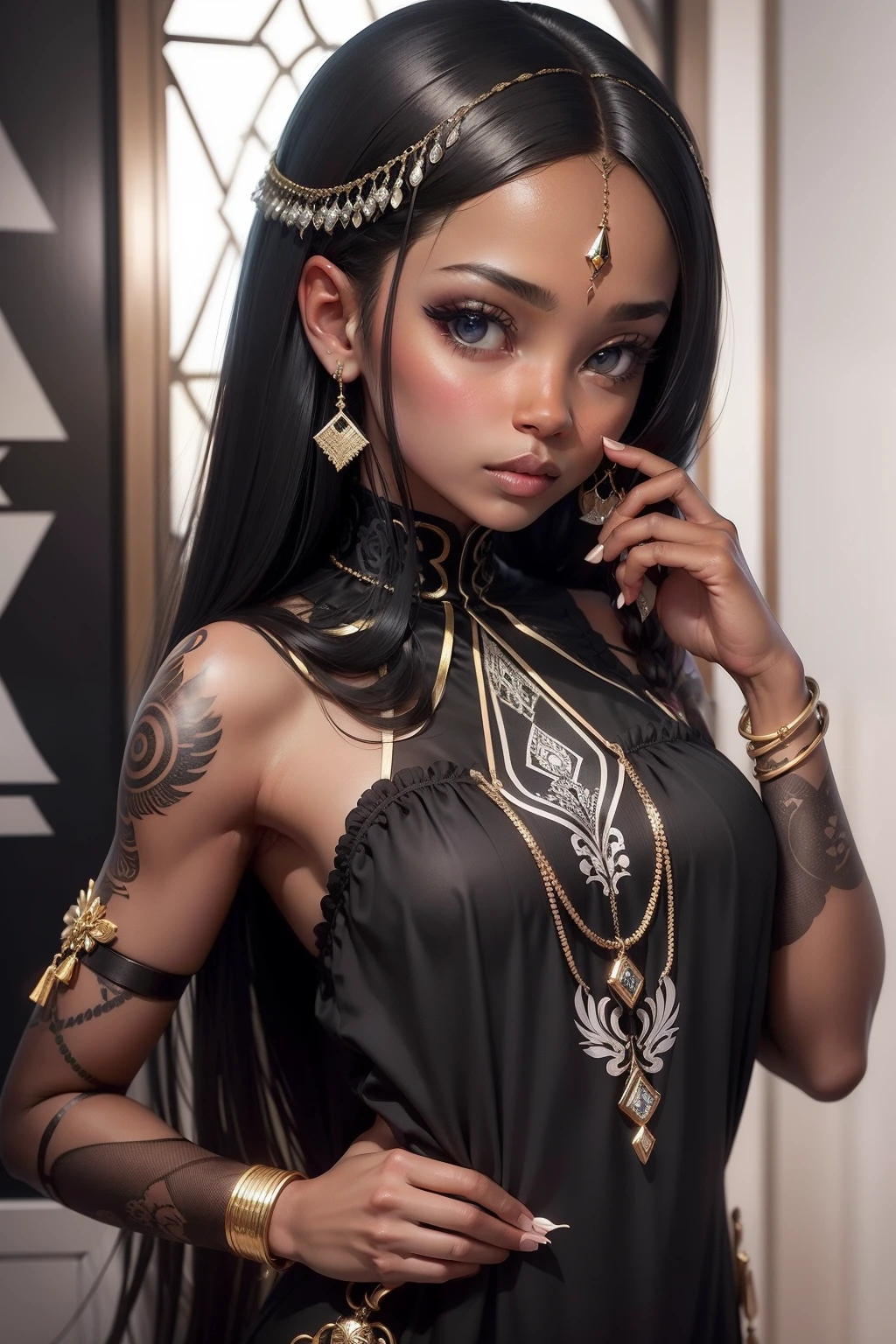 simetria, um rei preto em correntes de ouro e voltado apenas para a frente, brilho, preto e branco, fundo branco, sem fundo, linha fina de tinta estilizada, vetor, desenho de tatuagem, African pattern hair
