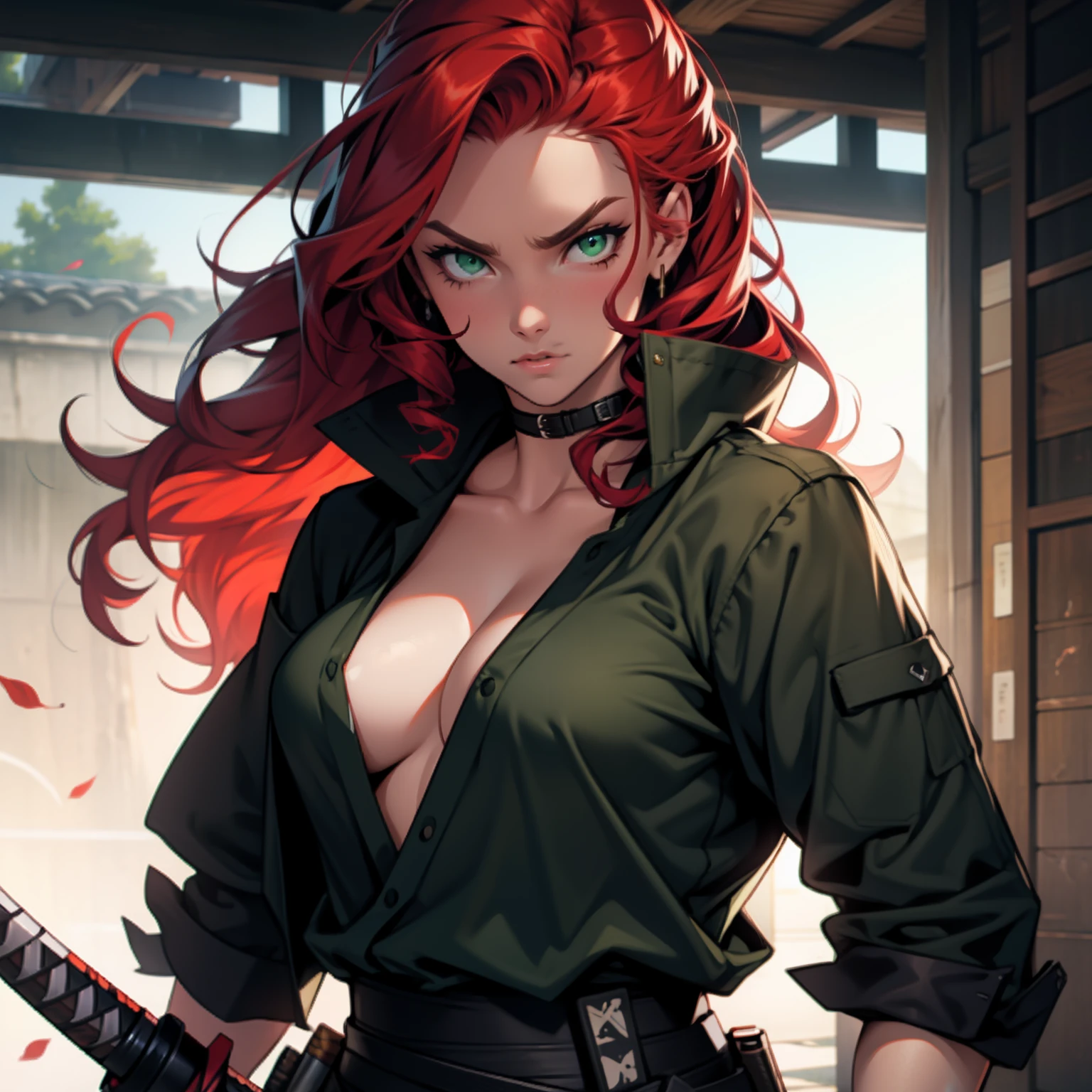 Badass Woman. Sexy Clothes. Redheaded and Green Eyes. Curly Long Hair. With Katana