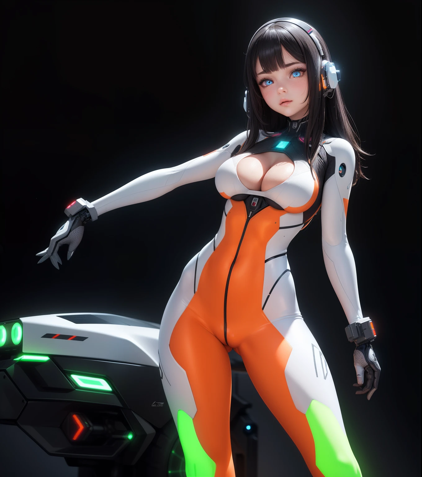 Perfect beauty face, cleavage cutout, realistic and intricate beautiful face girl in realistic sci-fi plugsuit outfit in neon-lit, (((symmetrical eyes, realistic, sharp focus))), masterpiece, 4k, UHD