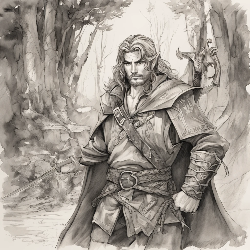 realistic - illustration - pencil art - anime - man ((Branco)), ((guerreiro medieval)), ((dnd)), ((Dungeon and Dragons)), senhor do caos, mestre da magia, guerreiro, em pose imponente, with enigmatic look, cabelo preto, medium wearing adventurer's leather clothes, Rustic, The clothes are worn and dirty due to various battles, In the right hand is shining the magical power, ((magia)), ao fundo encontra-se uma vale, com montanhas e floresta no fundo, noite clara com lua cheia.