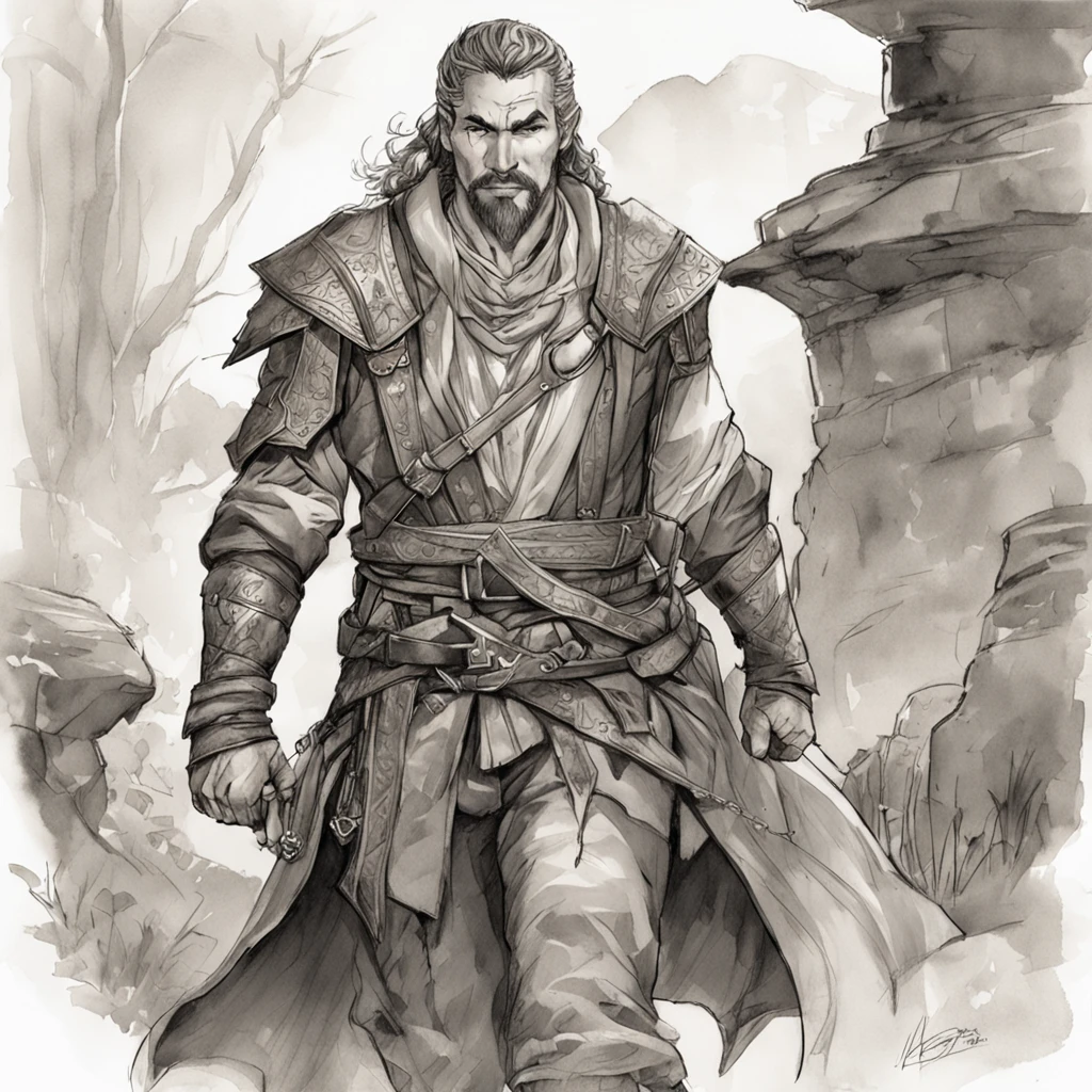 realistic - illustration - pencil art - anime - man ((Branco)), ((guerreiro medieval)), ((dnd)), ((Dungeon and Dragons)), senhor do caos, mestre da magia, guerreiro, em pose imponente, with enigmatic look, cabelo preto, medium wearing adventurer's leather clothes, Rustic, The clothes are worn and dirty due to various battles, In the right hand is shining the magical power, ((magia)), ao fundo encontra-se uma vale, com montanhas e floresta no fundo, noite clara com lua cheia.