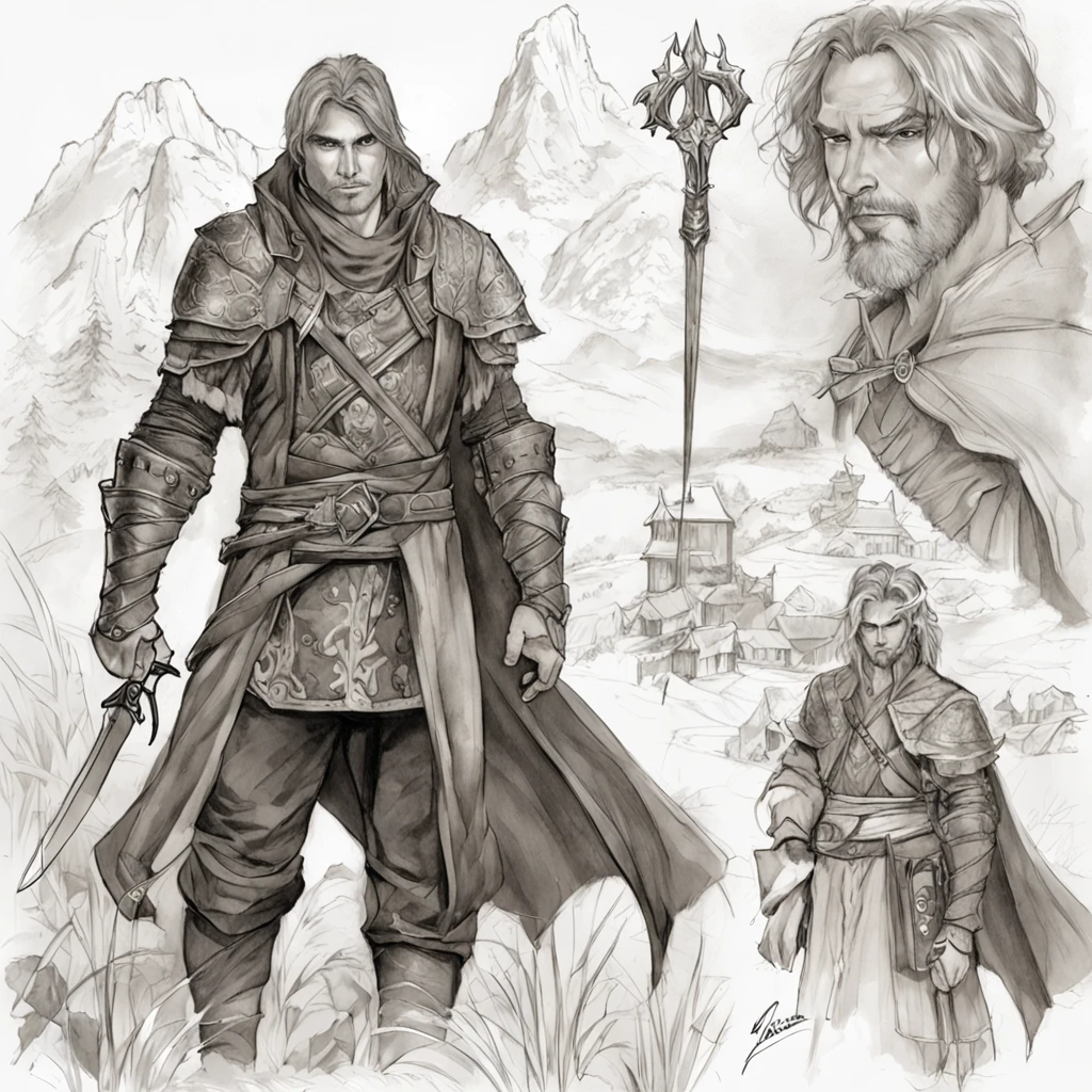 realistic - illustration - pencil art - anime - man ((Branco)), ((guerreiro medieval)), ((dnd)), ((Dungeon and Dragons)), senhor do caos, mestre da magia, guerreiro, em pose imponente, with enigmatic look, cabelo preto, medium wearing adventurer's leather clothes, Rustic, The clothes are worn and dirty due to various battles, In the right hand is shining the magical power, ((magia)), ao fundo encontra-se uma vale, com montanhas e floresta no fundo, noite clara com lua cheia.