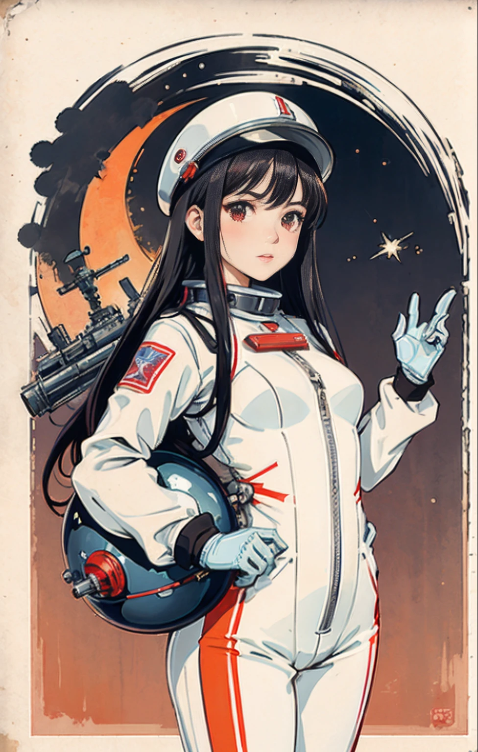 1girl,flat_breasts,cute,beautiful detailed eyes,shiny hair,visible through hair,hairs between eyes, CCCPposter, sovietposter,red monochrome,soviet poster, soviet,communism,
Black_hair,red_eyes,vampire,teenage,poorbreast,Spacesuit:Orange_clothing_body:jumpsuit),white_gloves, white_space shoes, white_helmet, the CCCP red letters on the top of helmet, weightlessness, Side light, reflection, The person in the spacesuit is at the bottom left of the frame, The right hand is outstretched, the right hand gently touches the Salyut space station), Space station in the upper right corner of the screen, Reflected light from the sun, Silver metal,red flag, brilliance,USSR style, diffuse reflection, Metallic texture, The vista is a blue Earth,mecha style,the sea of star,high tone, magnificent