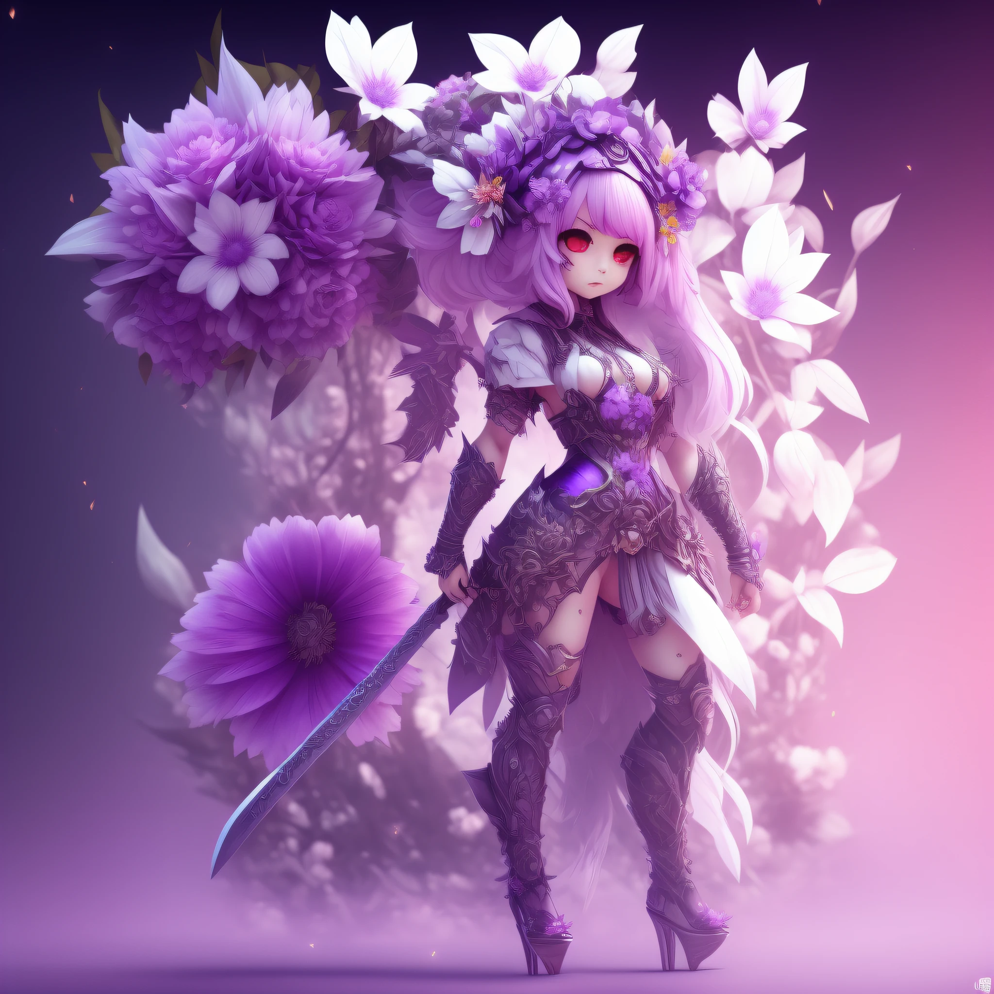 1 Female Monster, Chibi character, Purple skin, The body was covered in a poisonous flower, Have a big flower axe, High high heels, Fantasyart, Less exposed skin, Full-body view from head to toe, white backgrounid, Sufficient white space, 3d, in 8K, masutepiece, Best Quality,