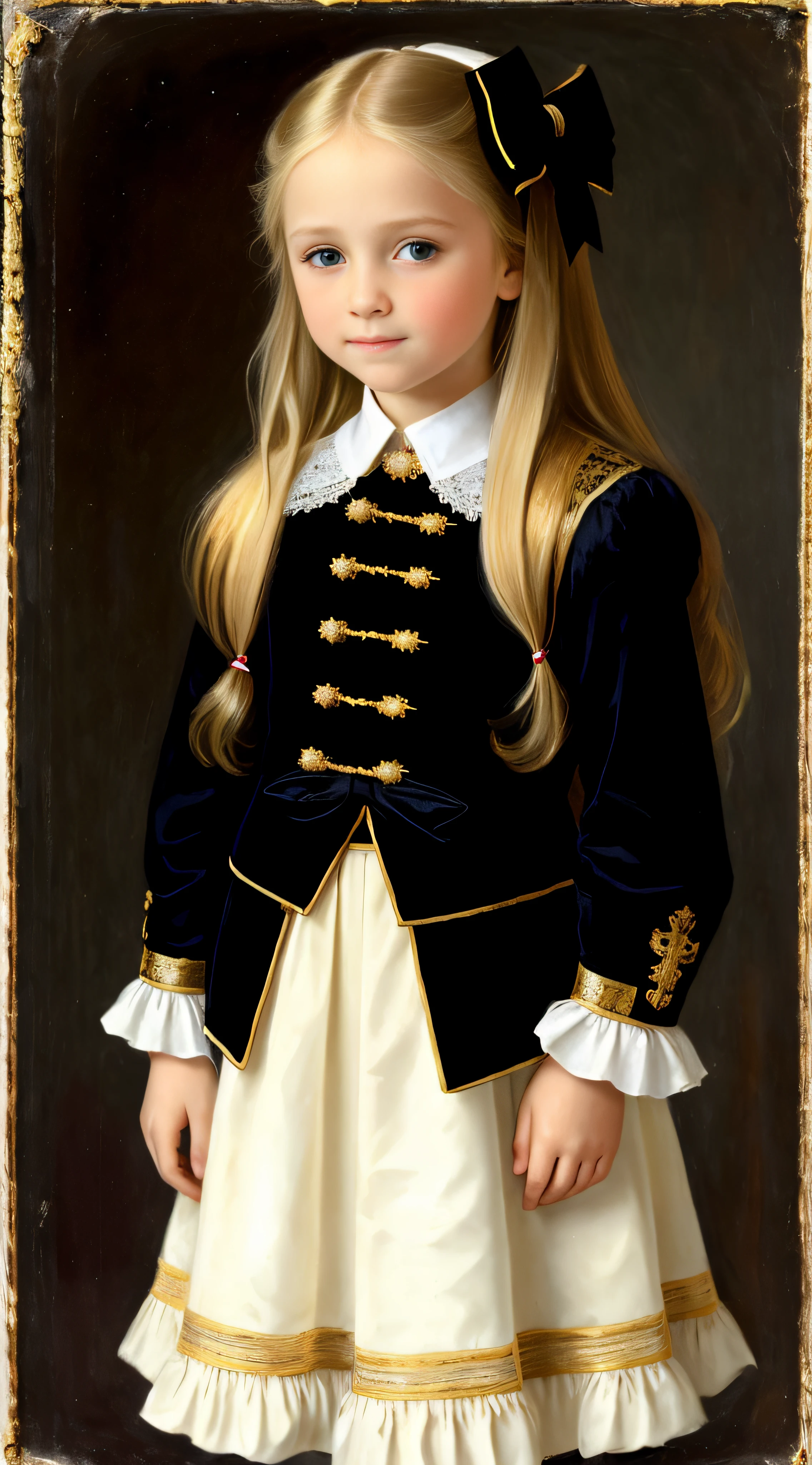 Russian, , Portrait , Long blonde hair and bow,Layered skirt,Noble,opulent,cropped shoulders