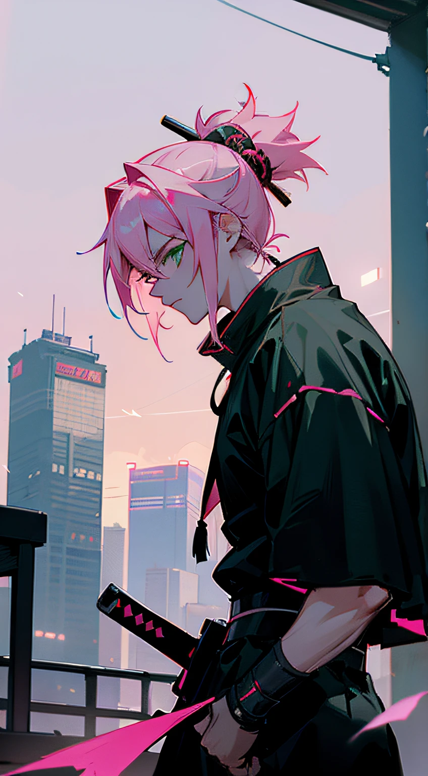 Samurai,cyberpunk:1.6,nightcore,aesthetic,masterpiece,dynamic light, ninja, green eyes, building, pink hair, night, boy