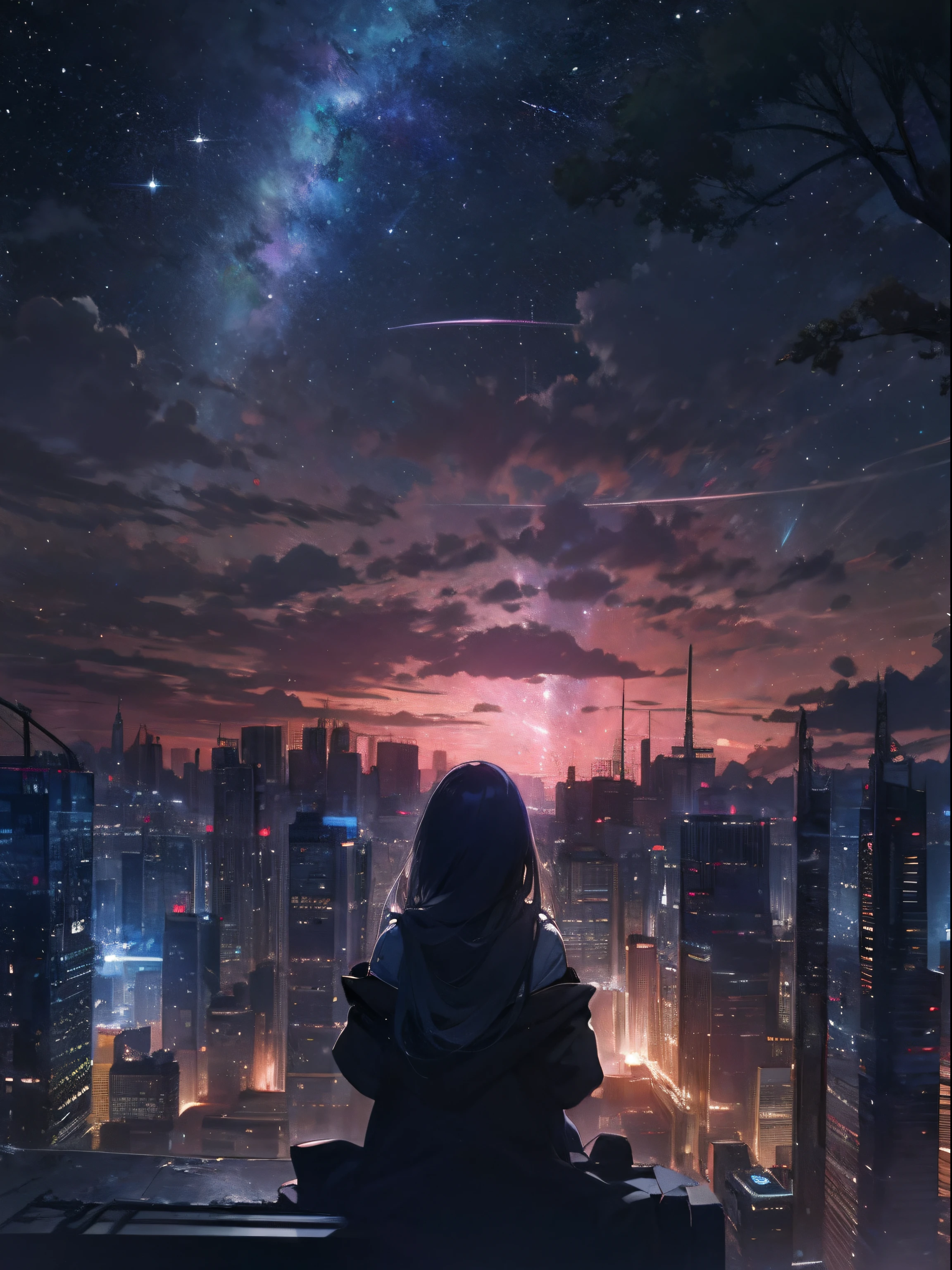 sky, star (sky), scenery, starry sky, night, 1girl, night sky, solo, outdoors, building, cloud, milky way, sitting, tree, long hair, city, silhouette, cityscape