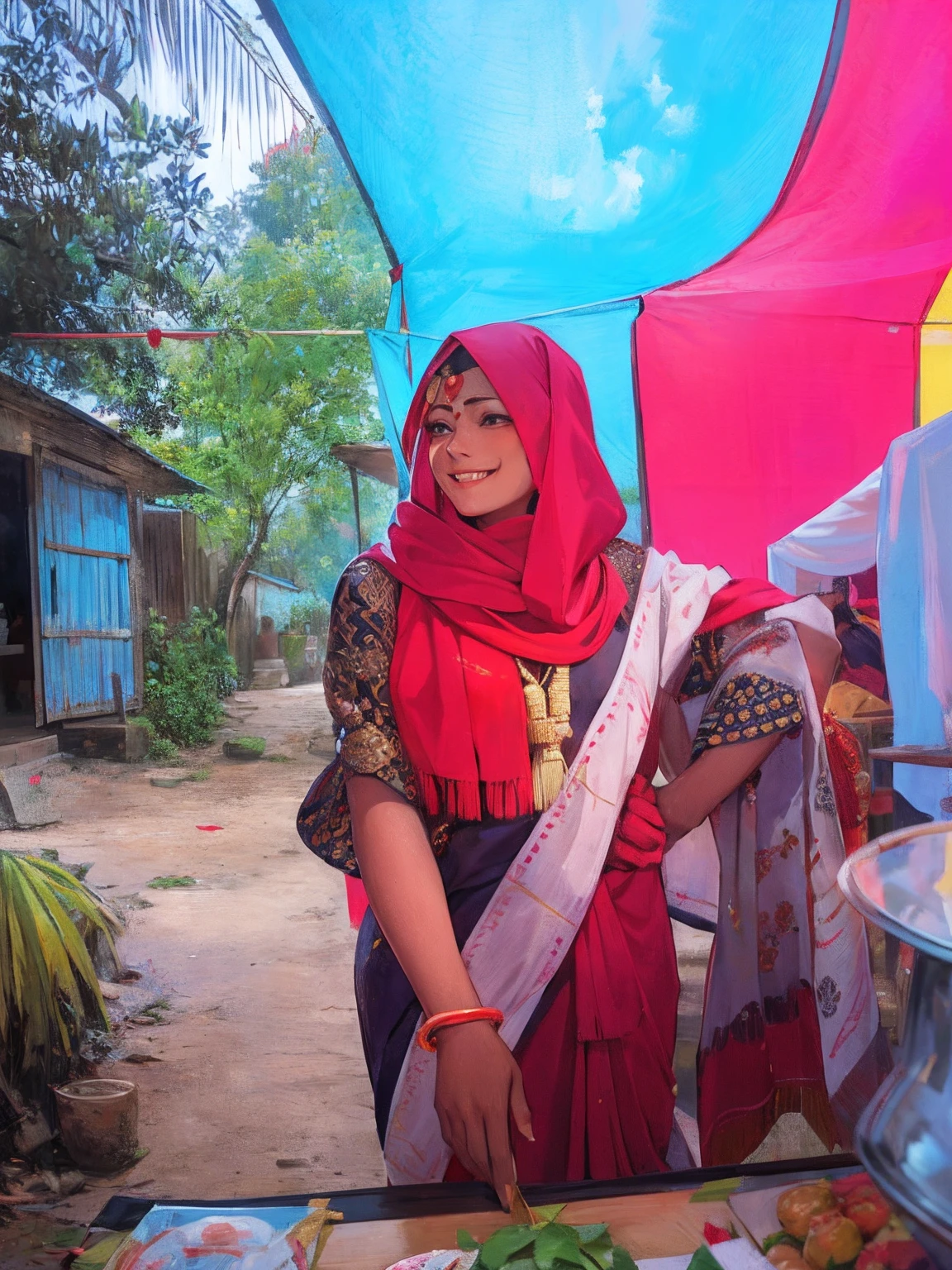 woman in red scarf standing next to a table with food on it, wearing bihu dress mekhela sador, wearing traditional garb, shot on nikon z9, evening time, with a beautifull smile, joyful look, dressed in a sari, edited, she is smiling and happy, stunning woman, radiant smile. ultra wide shot, with a happy expression