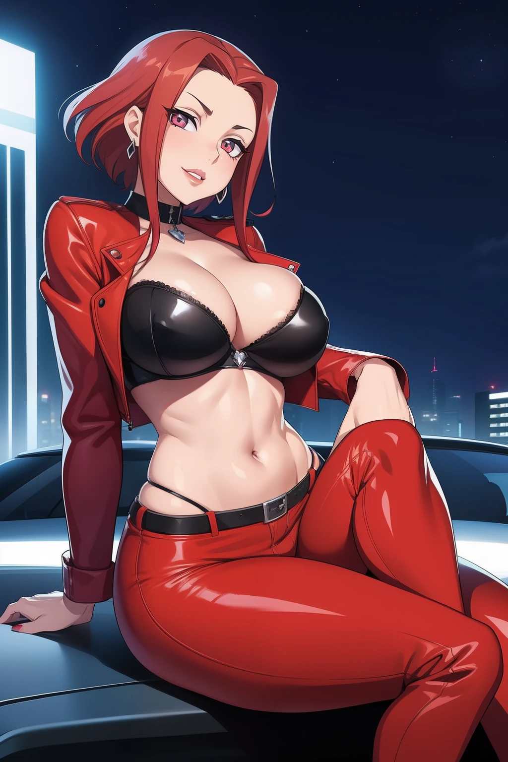 Code Geass, Kallen Stadfeldt 1girl, (((bimbo))), short red hair, ear rings, puffy lips, painted lips, thick lips, wide hips, thick thighs, big breast, huge ass, revealing cleavage, erotic, Smile face, bubble butt, camel toe, Breasts, black leather jacket, blue jeans, black bra, sitting on car car, night time
