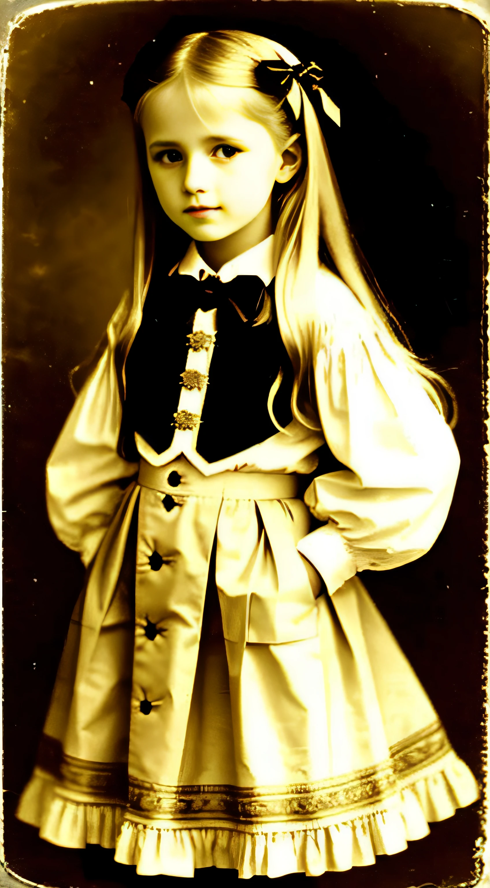 Russian, Girls Children , Portrait , Long blonde hair and bow,Layered skirt,Noble,opulent,cropped shoulders