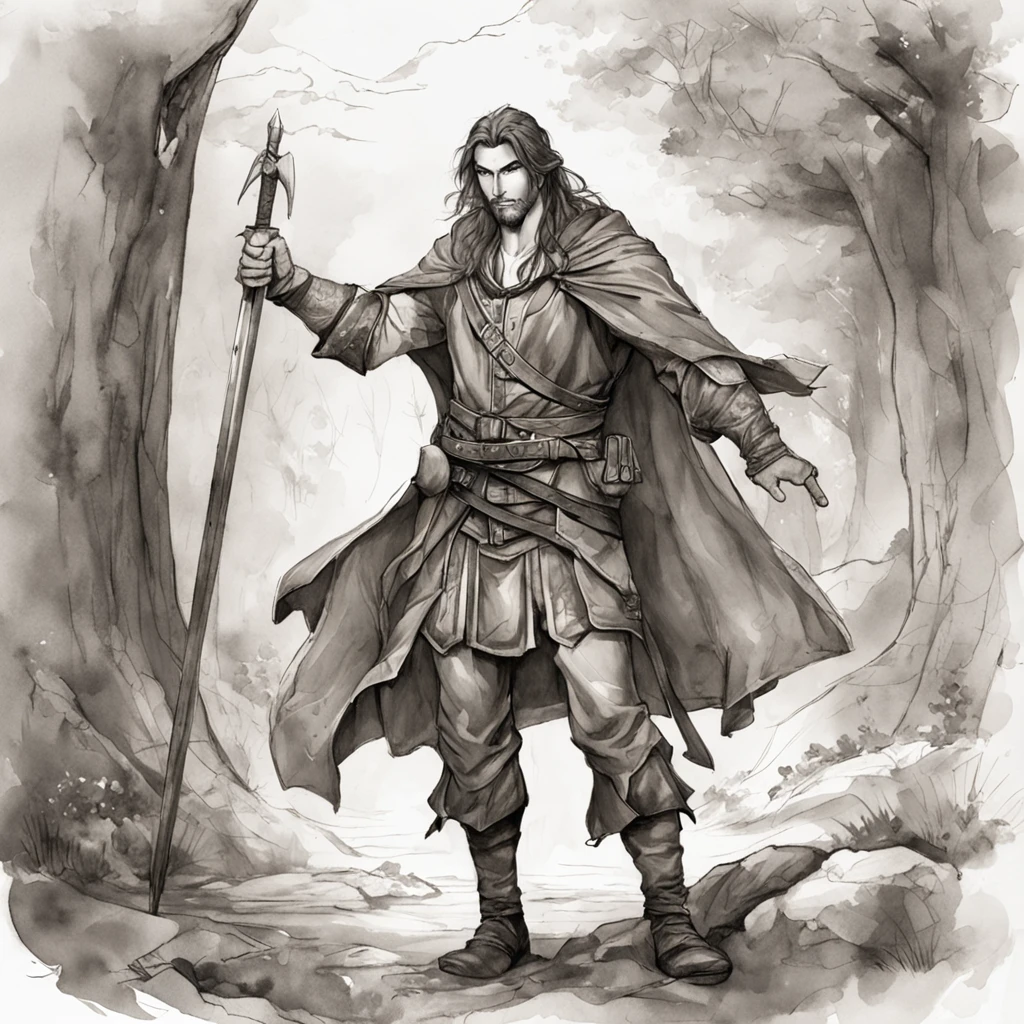 realistic - illustration - pencil art - anime - man ((Branco)), ((guerreiro medieval)), ((dnd)), ((Dungeon and Dragons)), senhor do caos, mestre da magia, guerreiro, em pose imponente, with enigmatic look, cabelo preto curto, vestindo roupas de couro de aventureiro, Rustic, The clothes are worn and dirty due to various battles, In the right hand is shining the magical power, ((magia)), ao fundo encontra-se uma vale, com montanhas e floresta no fundo, noite clara com lua cheia.