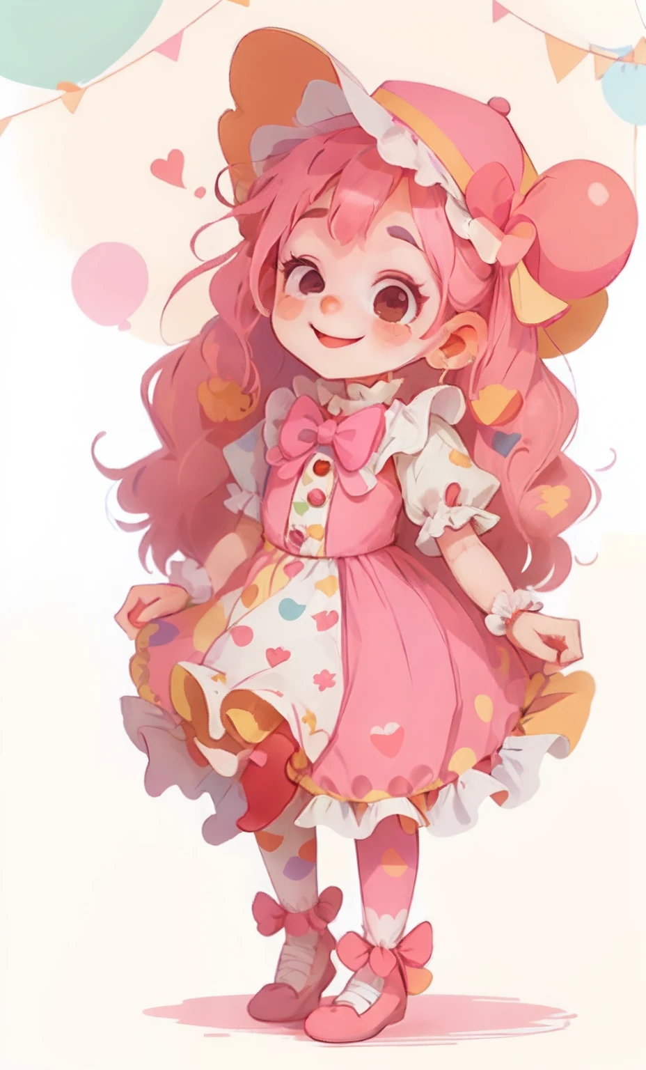Cartoon clown girl with a cone hat and pink dress wearing colorful socks pink bow tie and with pink hair stuck maria chiquinha style, Smiling clown girl, cutecore clown, cute clown girl, Child Clown Girl, decora inspired illustrations, e 2K Cutecore Clowncore, menina doce, personagem bonito, clown, boneca patchwork, circus clowns, menina kawaii bonito, Loli, menina cor-de-rosa, menina bonito, pink iconic character, Palhacinha circense, Estilo Clowngirl
