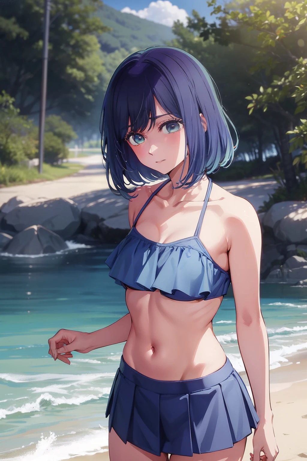 Akane Kurokawa,nackt,blaues Haar,nackt,hot,sexy,beautiful,Perfect Body,1girls,medium boobs,Meisterwerk,Perfektes Gesicht,ausdrucksstarkes Gesicht,nackt,strand,bikini top,no jacked,short skirt,only bikini top,young,not tall,small tighs,short,18 years old,beach,medium tits