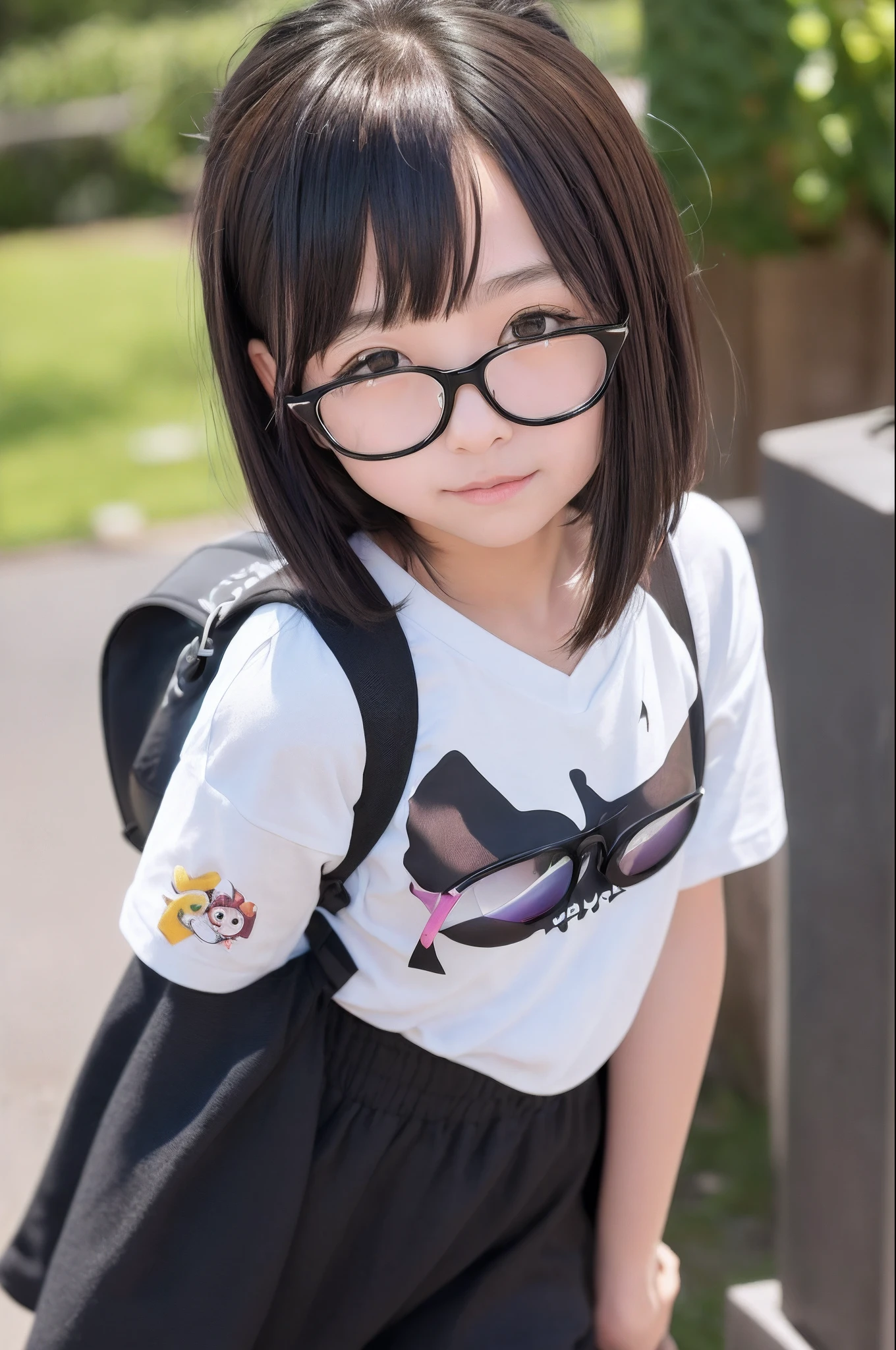 (masutepiece, Best Quality, Capture super cute moments, depth of fields, ultra-detailliert, Ultra High Resolution, C4D, Octadale, 3D Modeling, 8K, 16 K, one girls、a 、A dark-haired、short-hair、straight haired、Light brown eyes、hair adornments、wearing black glasses、kawaii faces)、End of summer
