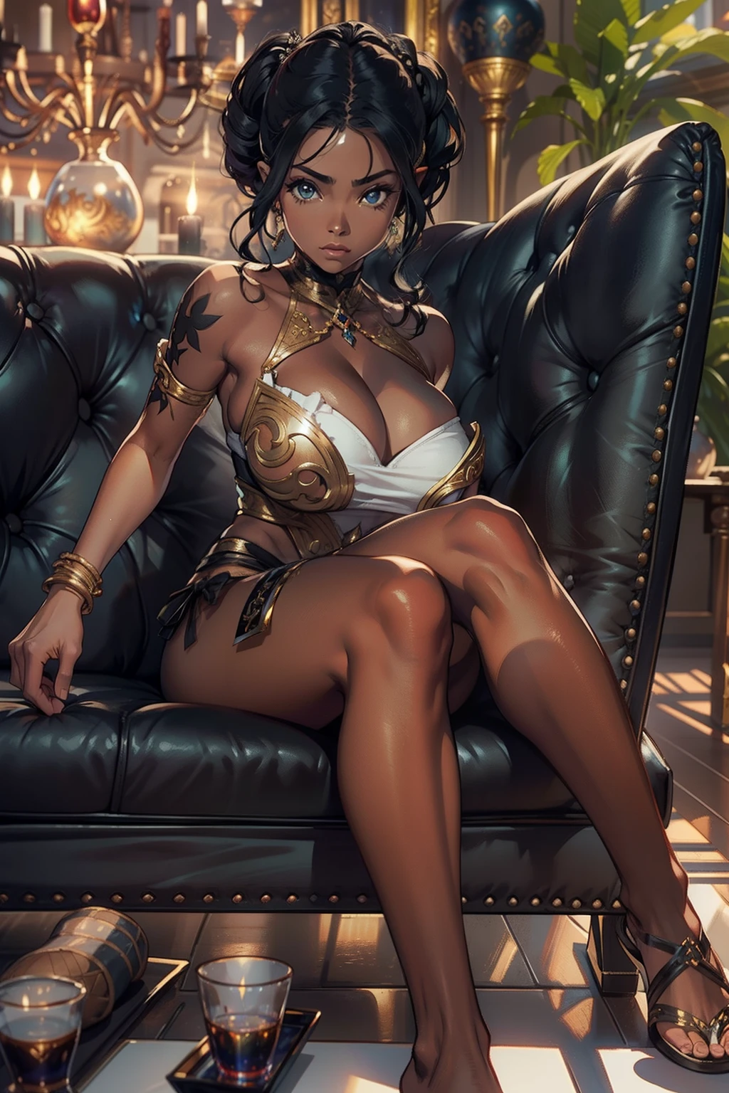 4D、elven woman,(((Negros))),18 anos,（Qualidade de imagem 8K、alto detalhe、obra prima、ultra-definition）、((Oblique view from behind)),(sit on sofa),(Sitting backwards),Ray-tracing、uma loira、uma loira、cabelos brancos、Longas、((pele negra))、Pele de alto detalhe、(Scarface),Saia de fenda,uma minissaia,(Abra as pernas),maid clothes