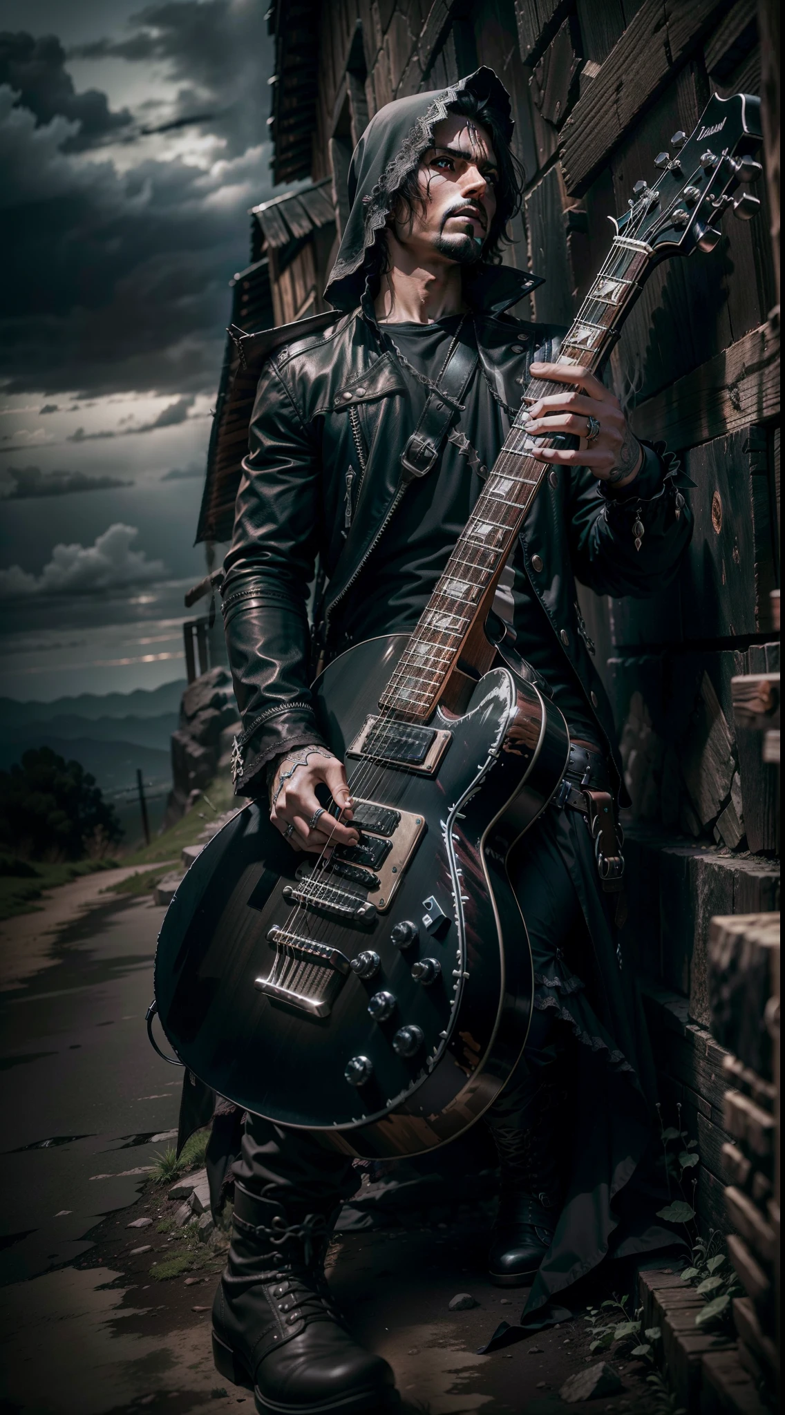 ceifador sobre uma montanha de guitarras,dark,gothic,hdr,uhd,8k,sharpness
