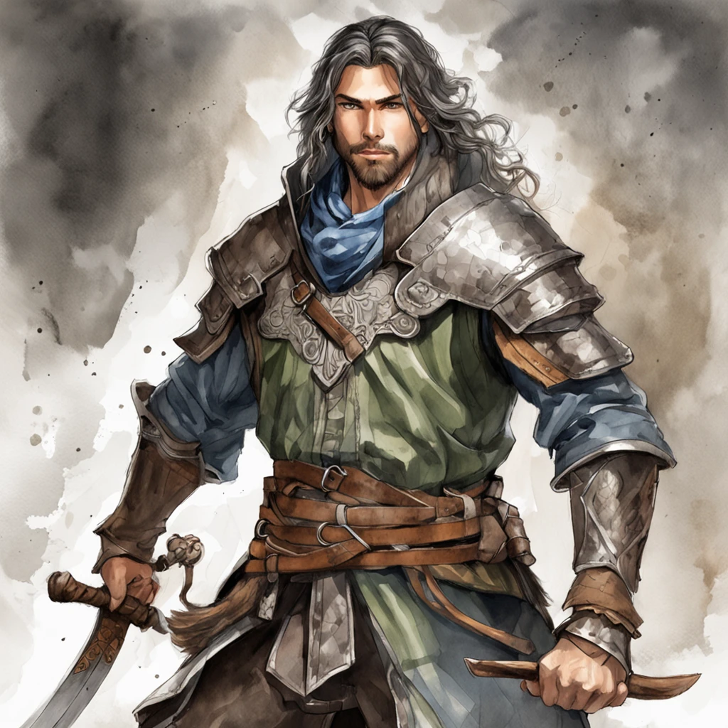 realistic - illustration - pencil art - anime - man ((Branco)), ((guerreiro medieval)), ((dnd)), ((Dungeon and Dragons)), em pose imponente, with enigmatic look, cabelo preto curto, vestindo roupas de couro de aventureiro, Rustic, The clothes are worn and dirty due to various battles, In the right hand is shining the magical power, ((magia)), ao fundo encontra-se uma vale, com montanhas e floresta no fundo, noite clara com lua cheia.