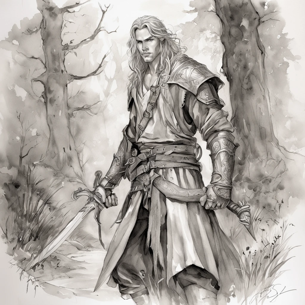 realistic - illustration - pencil art - anime - man ((Branco)), ((guerreiro medieval)), ((dnd)), ((Dungeon and Dragons)), em pose imponente, with enigmatic look, cabelo preto curto, vestindo roupas de couro de aventureiro, Rustic, The clothes are worn and dirty due to various battles, In the right hand is shining the magical power, ((magia)), ao fundo encontra-se uma vale, com montanhas e floresta no fundo, noite clara com lua cheia.