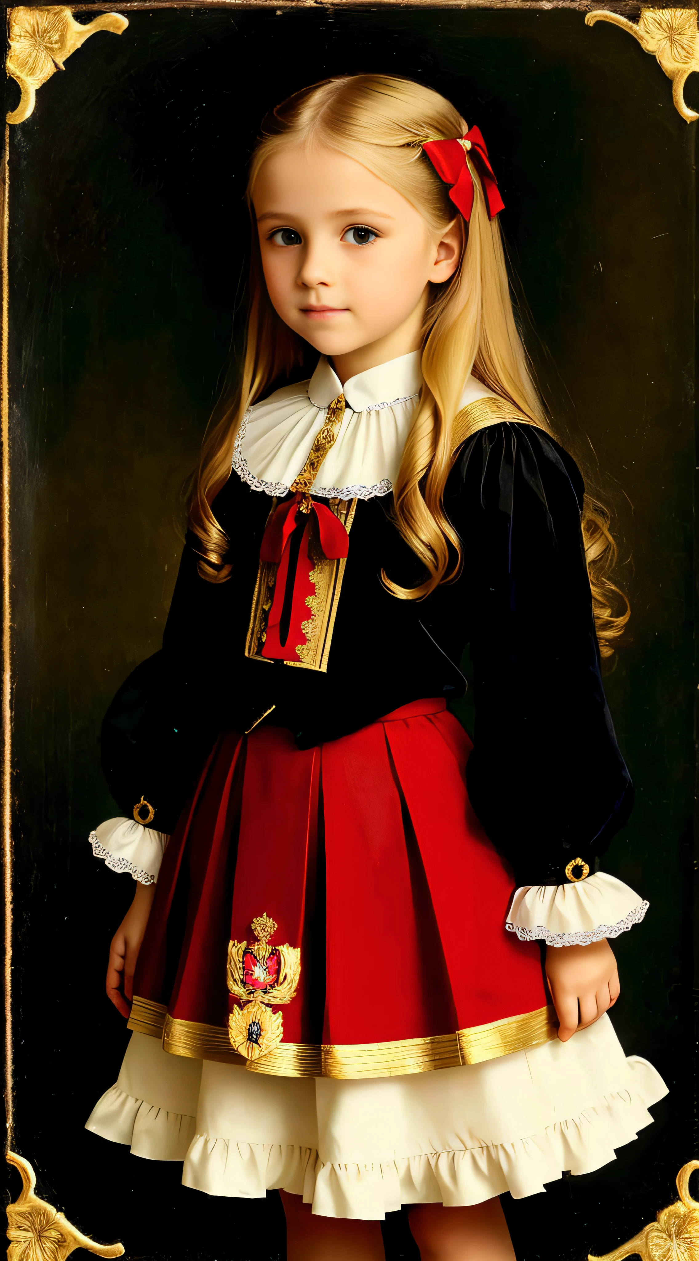 Russian, , Portrait , Long blonde hair and bow,Layered skirt,Noble,opulent,cropped shoulders