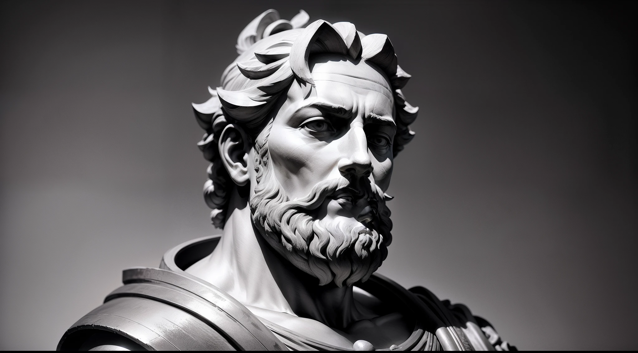 Realistic statue with all-black background of ancient philosopher Marcus Aurelius thoughtful.  obra-prima, melhor qualidade, Textura 8K, altamente detalhados, realista, soft  Cinematic Light, HDR, foco nítido, obra-prima, fotorrealista, fotografia premiada, Canon EOS R5, 35 mm.