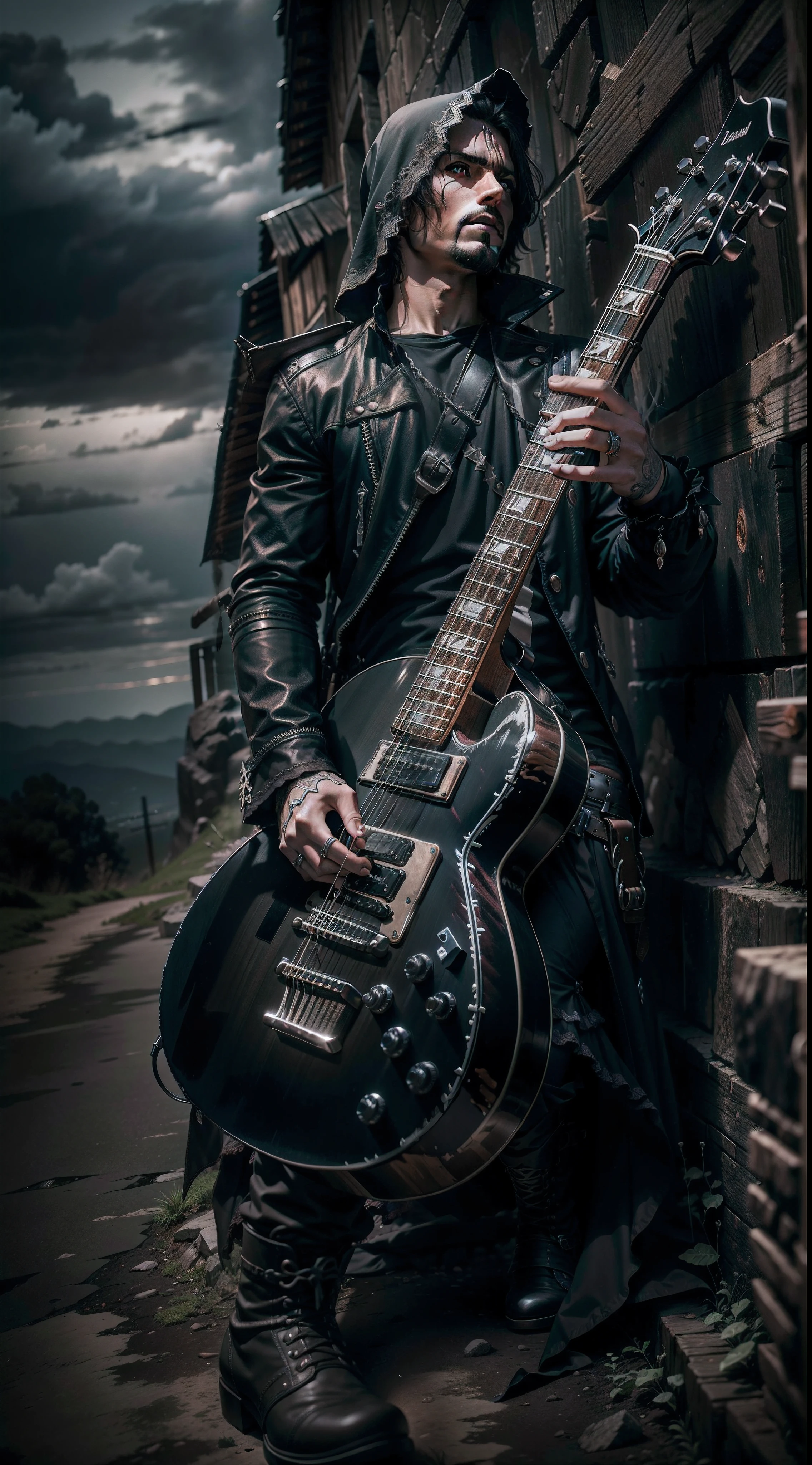 ceifador sobre uma montanha de guitarras,dark,gothic,hdr,uhd,8k,sharpness