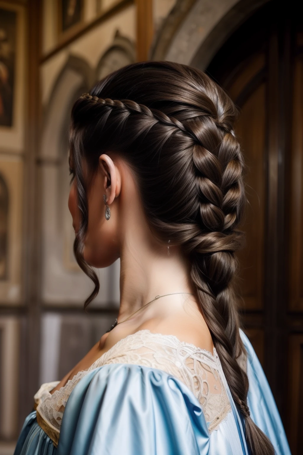 italian model, medieval, costume, brunette , long hair, sides view