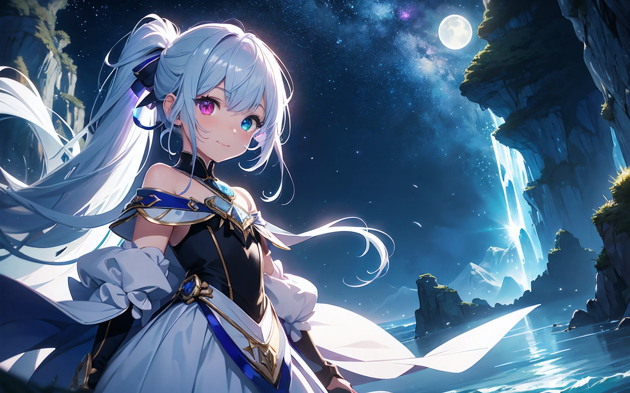 Painting of stars and moon in the sky with river、Concept art inspired by Mitsuoki Tosa、pixiv Competition Winner、Fantasyart、beautiful anime scene、Round of the bright moon、Starry sky environment under moonlight、Sea iceberg、Aurora、Dream painting、Anime Background Art、dream scenery art、Fantastic night、anime backgrounds、background artwork、 Fantastic art、starrysky、Detail Enhancement,top-quality, Photorealsitic, ultra-detailliert, Delicate, orderly, high detailing,, 10 years old, Embarrassing, Smile, slender, Cowboy Shot, Blurred background, (Girl in 1: 1.4), Dynamic Angle, (bioluminous hair, Glowing eyes: 1.2), Ambient Occlusion, ambient lights, ray tracing reflection, Glow, glowing aura, Glowing hair,bluish-silver ponytail, (Drooping heterochromia iris:1.3),