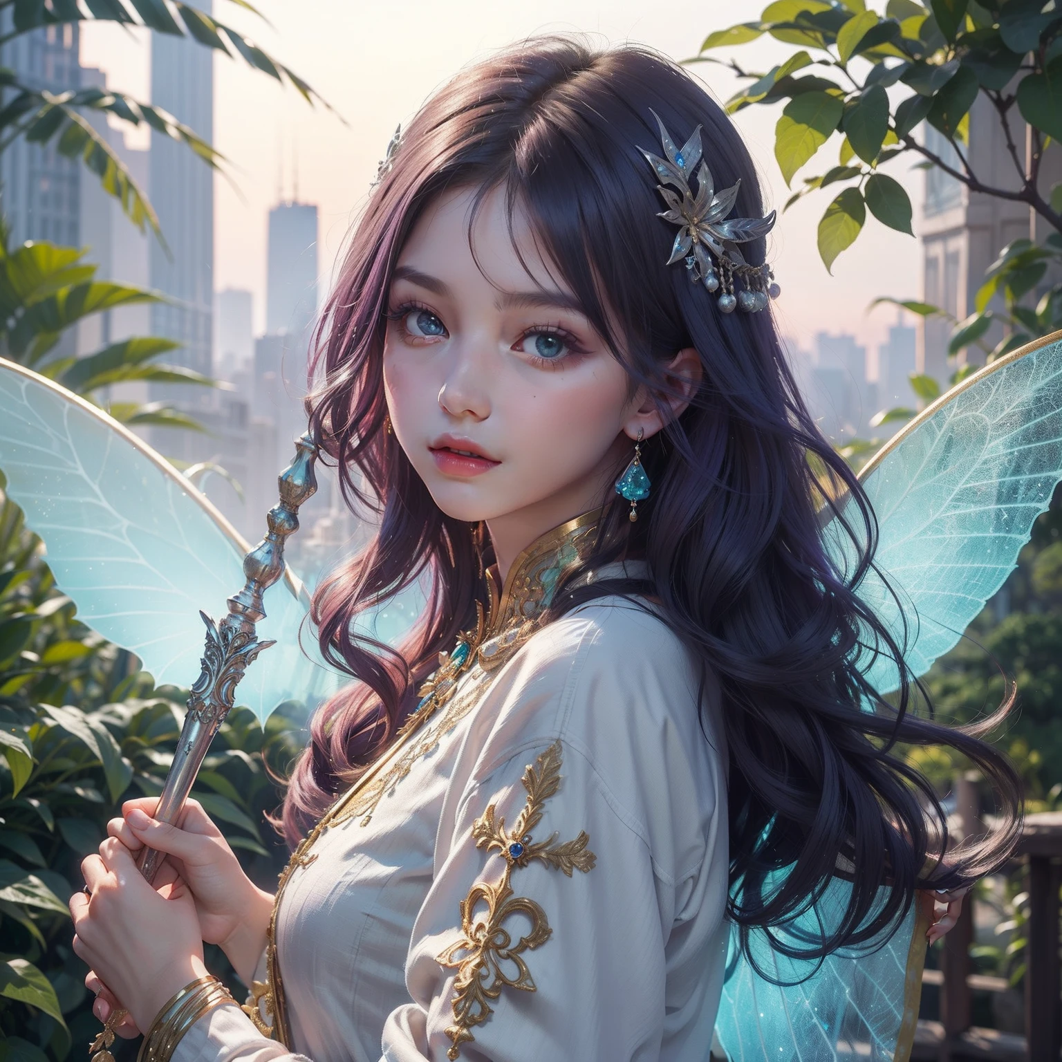 (best qualtiy)(masterpiece)。 15-year-old girl with a face similar to a ram(Long peach-purple hair:1.5) (big blue-green eyes:1.4)she has got。Hair ornaments are、Richly decorated platinum and gemstones。 Slim figure with two fairy wings on the back。 Dainty appearance。When she wore an intricately embroidered suit with luxurious decorations,。In one hand、She has a magic stick with a jewel ornament。The background is a cityscape in a fairytale forest、Creating such a wonderful world。Natural Makeup Face。close - up face。