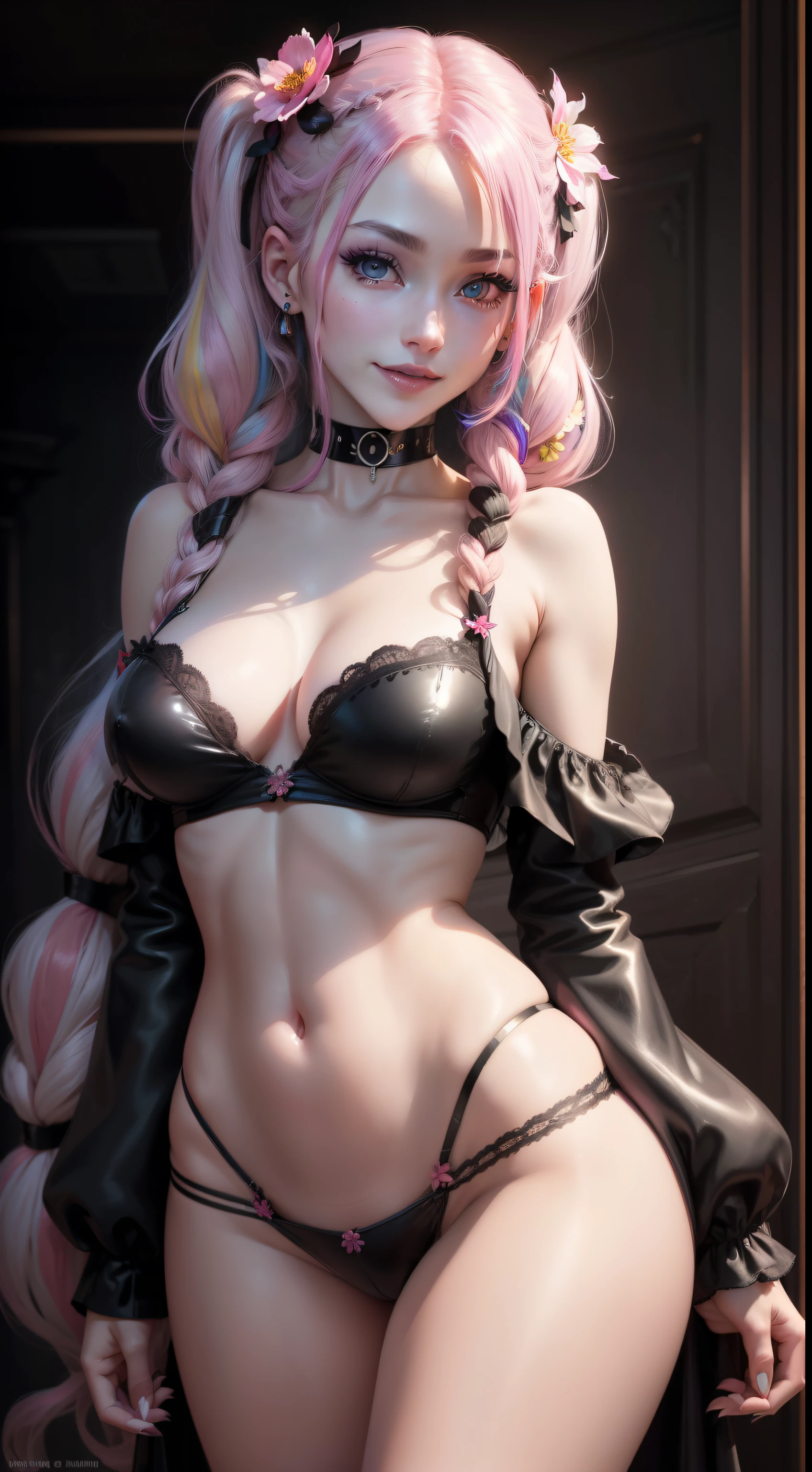 BLACKLIGHT, ((NSFW)), realistic art, extremely delicate and beautiful, ultra-detailed, (1girl), purple eyes, floating, detailed light, illustration, dynamic angle, depth of field, ((((milf)))), girly, long hair, ((Neapolitan hair, multicoloured hair, pink hair, twin tails, hair ornament, hair flower, flower, makeup, braid, smile)), red vampire eyes, showing fangs, pale white skin, (((black latex panties, black latex bra, succubus cosplay, long hair, navel, red eyes, off shoulder, choker, smile, jewelry, earrings, open clothes, (slutty),))), (ultra high res, best quality,), (8k, raw photo, best quality, masterpiece), technological sense, best quality, masterpiece, illustration,CG ,unity ,wallpaper, official art, Amazing, finely detail, an extremely delicate and beautiful,extremely detailed, highly detailed, sharp focus,rich background, (real person,photograph), ((high detailed skin)), 、