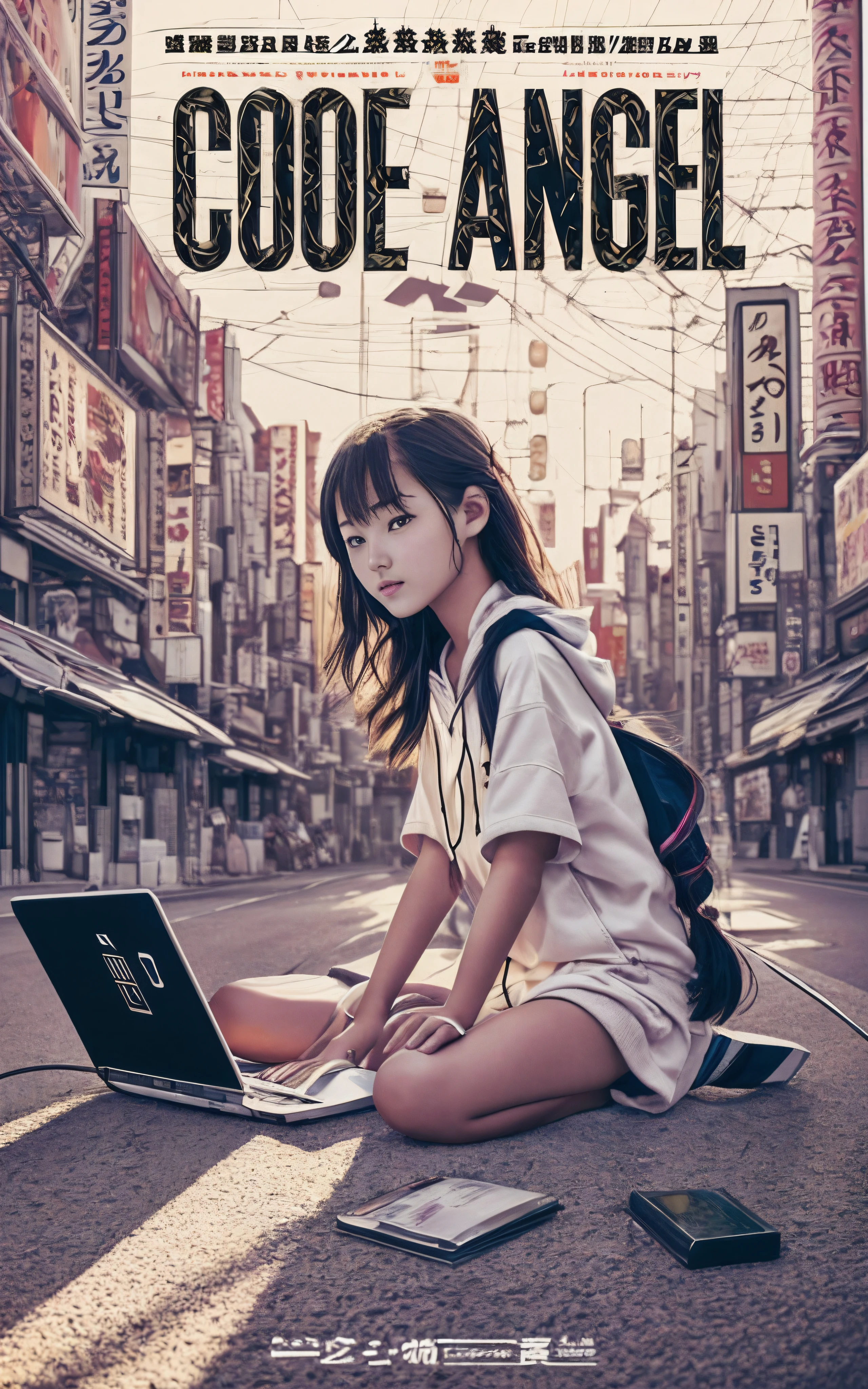 Movie Photography Movie Posters, A 13-year-old girl sits at a shrine in the valley between buildings in Akihabara, tokyo prefecture, Working with a laptop. The morning sun is shining. 8K, Best Rendering, Top Text Says "Code Angel" Behind a girl looking in the direction of the morning sun、There is a girl's hair that receives the light of the morning sun、Girl in a hoodie、Geeky girl、Solo Girl、Beautiful skins、Detailed rendering、Highest Quality Photos、​masterpiece