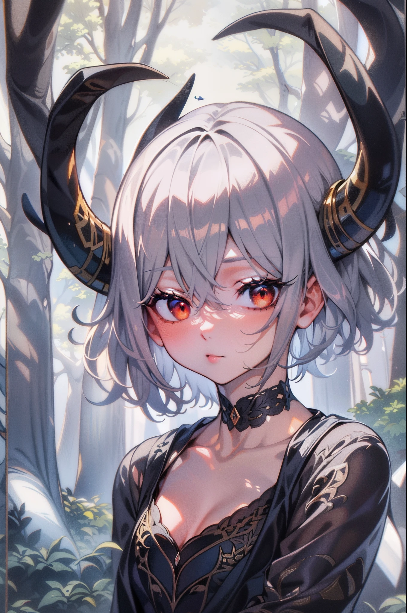 masterpiece, ((ultra detailed background, delicate pattern, intricate detail)), (highly detailed, fine details), best quality, ((medium breasts, slim girl)), NeroV2, 1girl, short hair, solo, black hair, red eyes, dress, black dress, collarbone, closed mouth, bare shoulders, hair between eyes, cleavage, ((small breasts, slim girl)), ((close-up, portrait, small black horns)), thin horns, very small horns, (complex detailed background, outside, nature environment, trees, sunny, blue sky, sky),