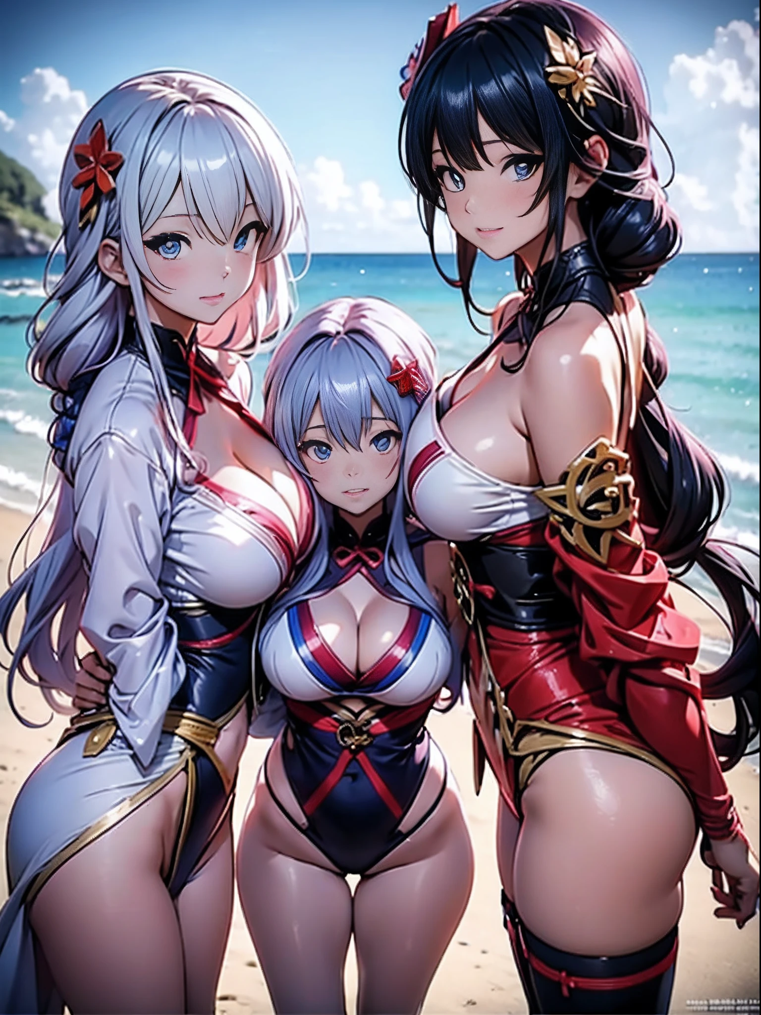 Three women in bikinis pose for a photo on a beach by the sea, seductive anime girls, beautiful and seductive anime woman, Guviz-style artwork, Perfect white haired girl, Guviz, Beautiful anime girl, ross tran. scenery background, in beach, Beautiful anime woman, trending on artstation pixiv, Extremely detailed Artgerm, Beautiful anime,Extra-large big breasts,Blush,
