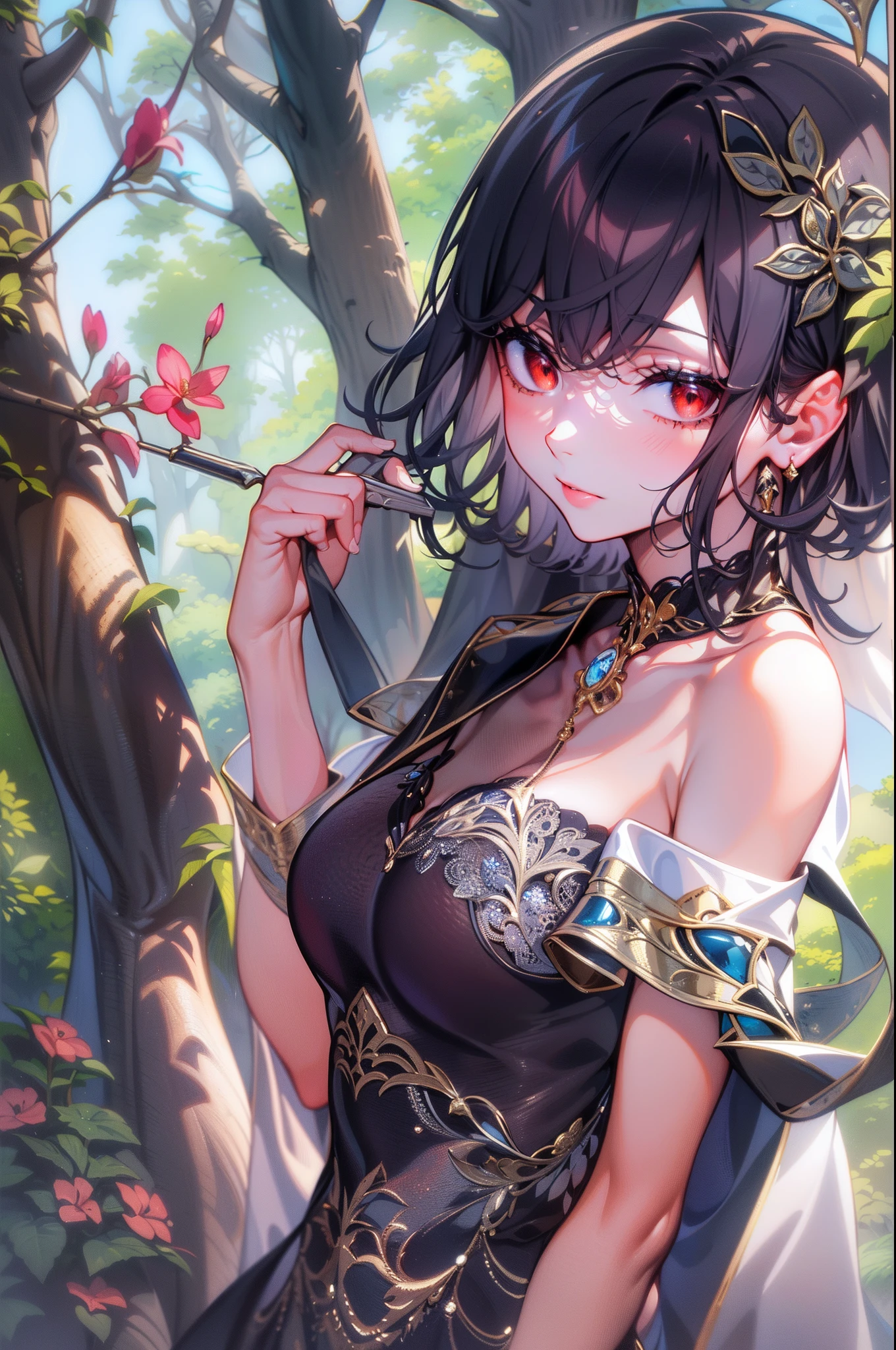 masterpiece, ((ultra detailed background, delicate pattern, intricate detail)), (highly detailed, fine details), best quality, ((medium breasts, slim girl)), NeroV2, 1girl, short hair, solo, black hair, red eyes, dress, black dress, collarbone, closed mouth, bare shoulders, hair between eyes, cleavage, ((small breasts, slim girl)), ((close-up, portrait, small black horns)), thin horns, very small horns, (complex detailed background, outside, nature environment, trees, sunny, blue sky, sky),