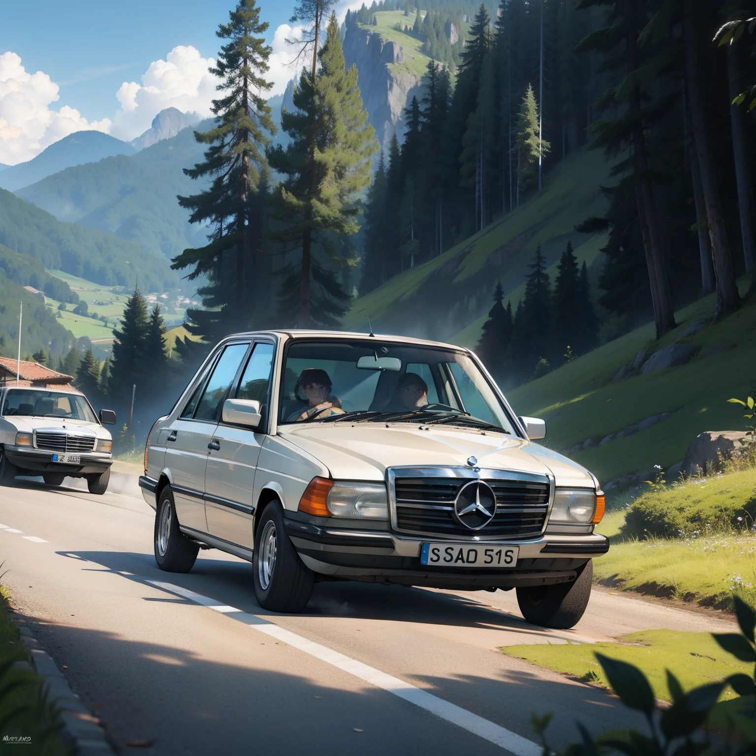 mercedes 190 e em um gramado baixo com montanhas de fundo