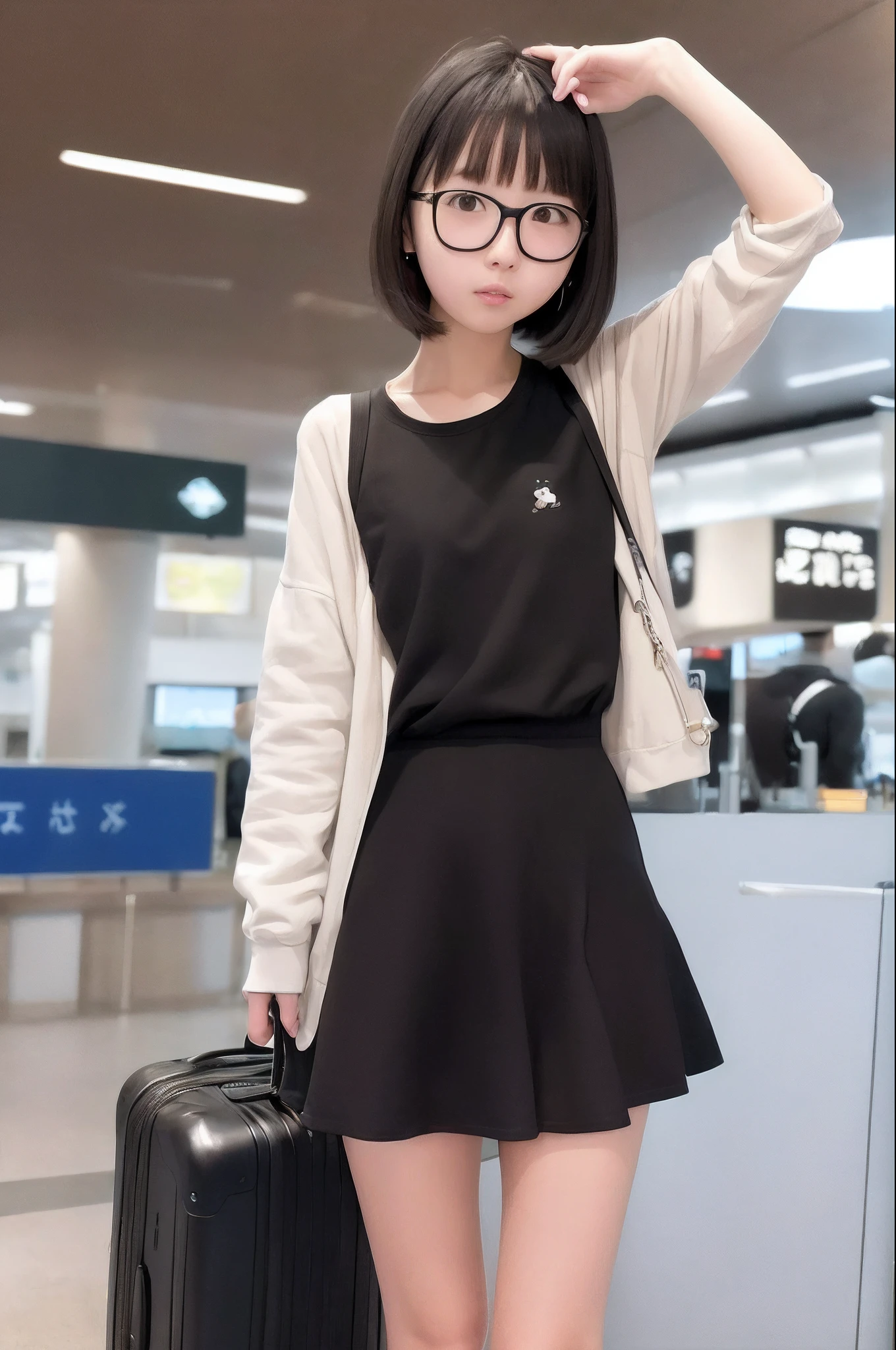 (masutepiece, Best Quality, Capture super cute moments, depth of fields, ultra-detailliert, Ultra High Resolution, C4D, Octadale, 3D Modeling, 8K, 16 K, one girls、a **************************、A dark-haired、short-hair、straight haired、Light brown eyes、hair adornments、wearing black glasses、kawaii faces)、airport、I see the plane、posterior view、Roll the suitcase、onepiece