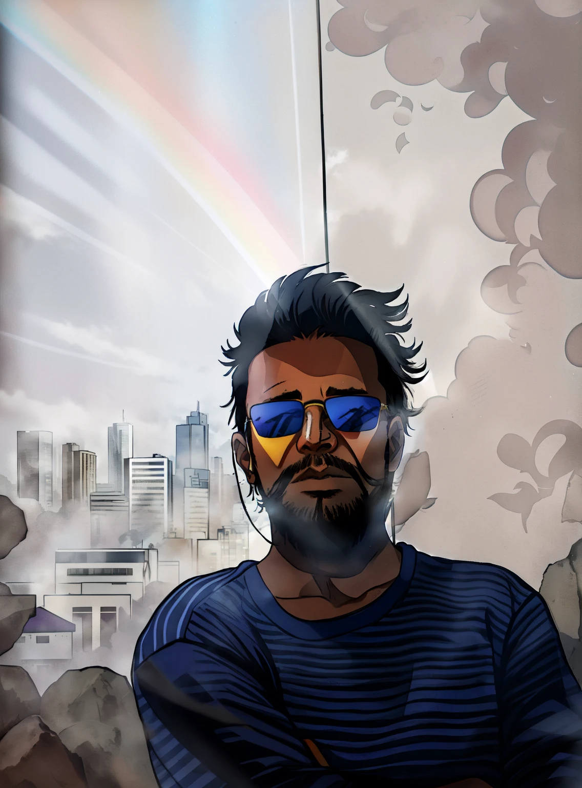 arafed man with dark Ray-Ban sunglasses, a beard and a striped shirt looking up, profile picture, profile image, 3 2 years old, 3 6 years old, mugshot!!!!!, 38 years old, mugshot!!!, profile pic, aboriginal australian hipster, (38 years old), about 3 5 years old, 4 0 years old man