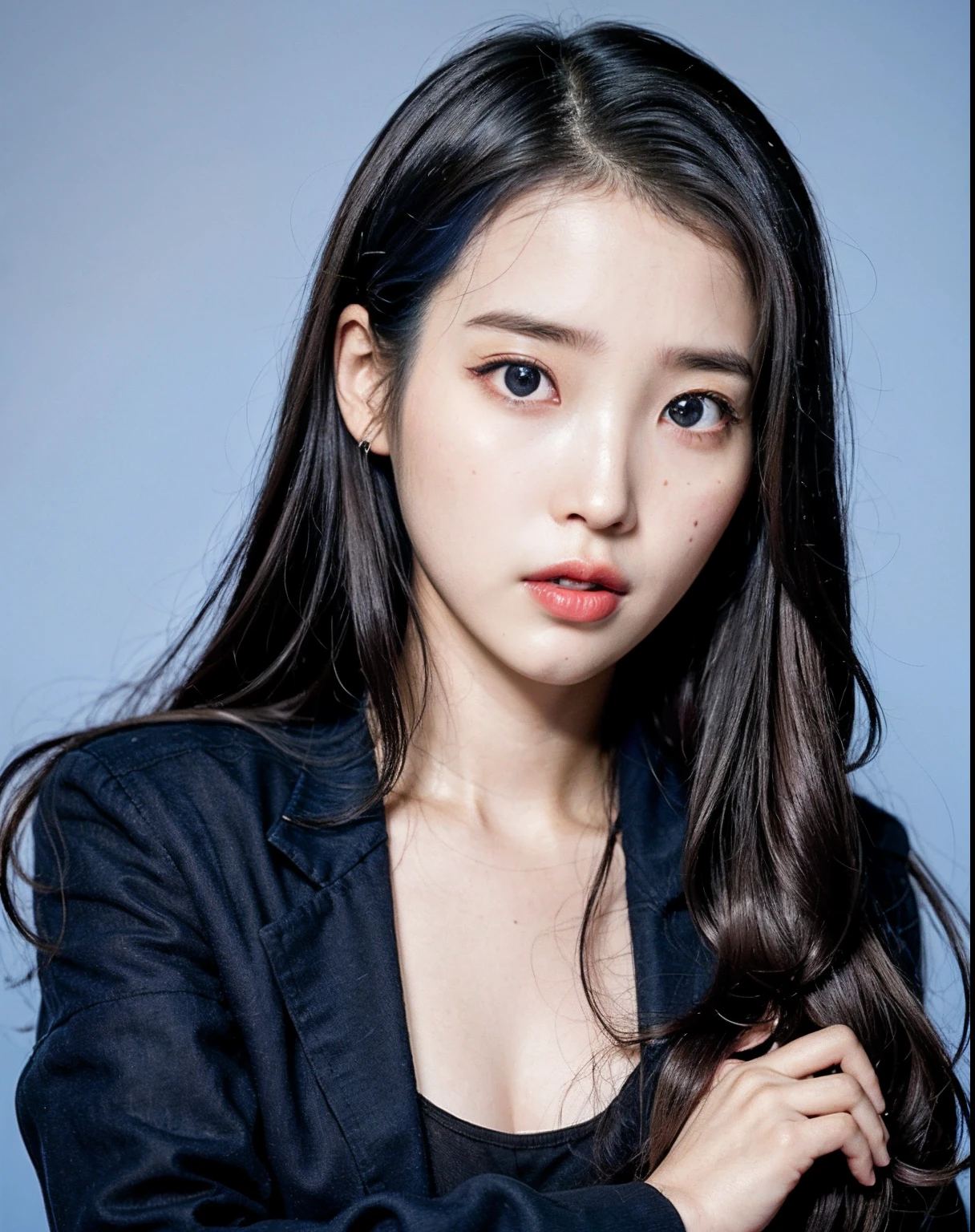 RAW, sharp focus, delicate, beautiful composition, best quality, (realistic), high quality, ultra detailed, (Real picture), (realistic skin), (intricate details), (latex skin:0.4), (detailed skin:1.3), (perfect glossy shiny skins:0.6), (beautiful eyes), round eyes, pretty face, Blushing face, glossy lips, high nose bridge, [:(detailed face:1.2):0.2], shiny eyes, (PureErosFace_V1:0.1), (ulzzang-6500:0.1), (a beautiful 20 age years old cute Korean girl:1.3), instagram, (kpop idol, korean mixed), a face of perfect proportion, (high nose:0.7), realistic humid skin, red lips, Crimson (UA), (happy face:1.2), 8k uhd, dslr, high quality, film grain:1.3, photorealistic, (studio), (blue simple background:1.5), (white blouse: 1.5), (black blazer:1.5), (shut lips:1.3),(iu1:1.1),