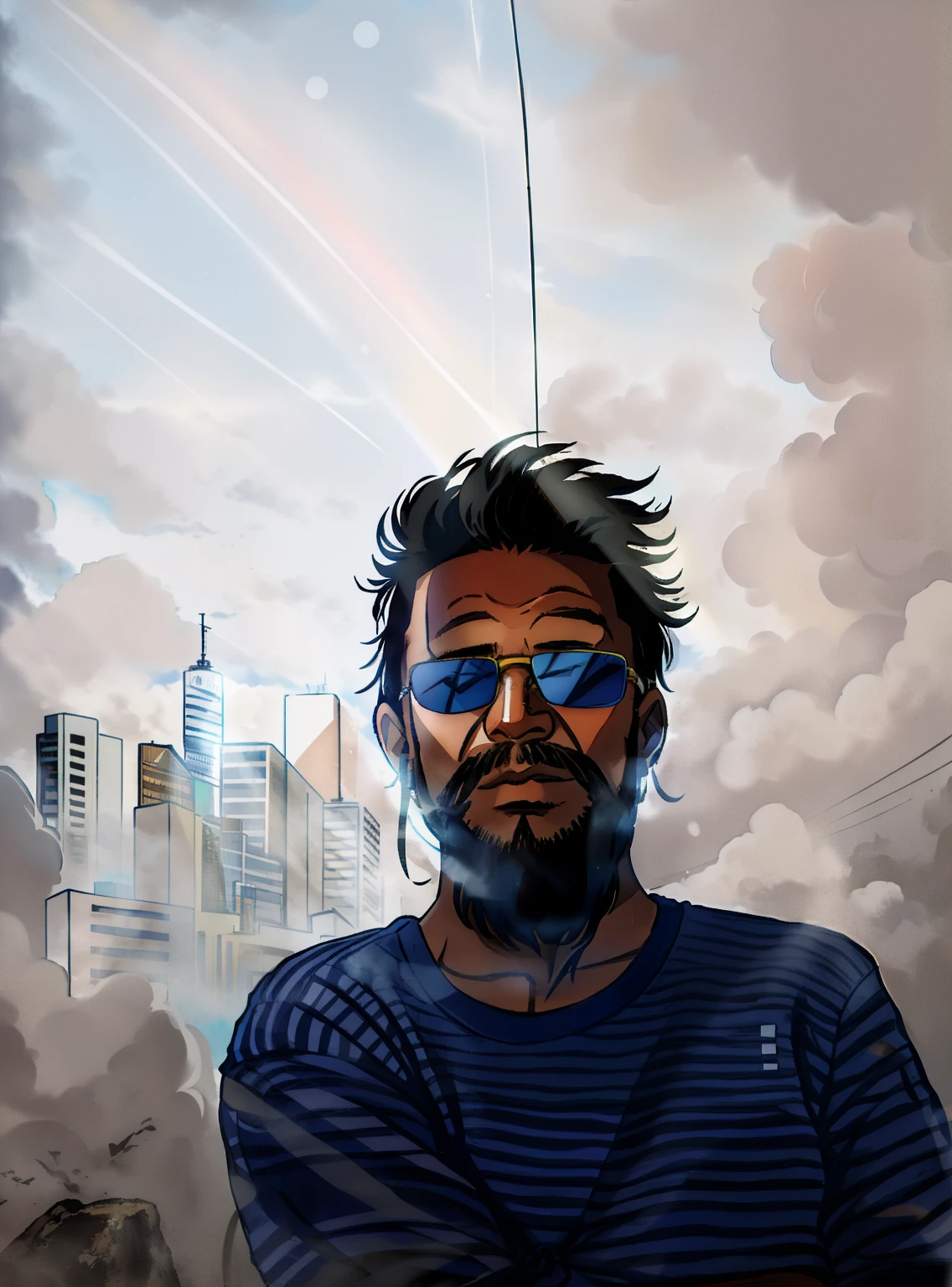 arafed man with dark Ray-Ban sunglasses, a beard and a striped shirt looking up, profile picture, profile image, 3 2 years old, 3 6 years old, mugshot!!!!!, 38 years old, mugshot!!!, profile pic, aboriginal australian hipster, (38 years old), about 3 5 years old, 4 0 years old man