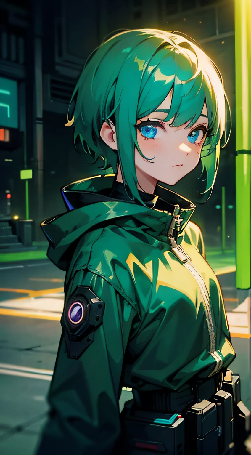 girl, cyberpunk:1,6, short hair, blue eyes, green hair, nightcore, masterpiece, dynamic light, night:1.6, high quality