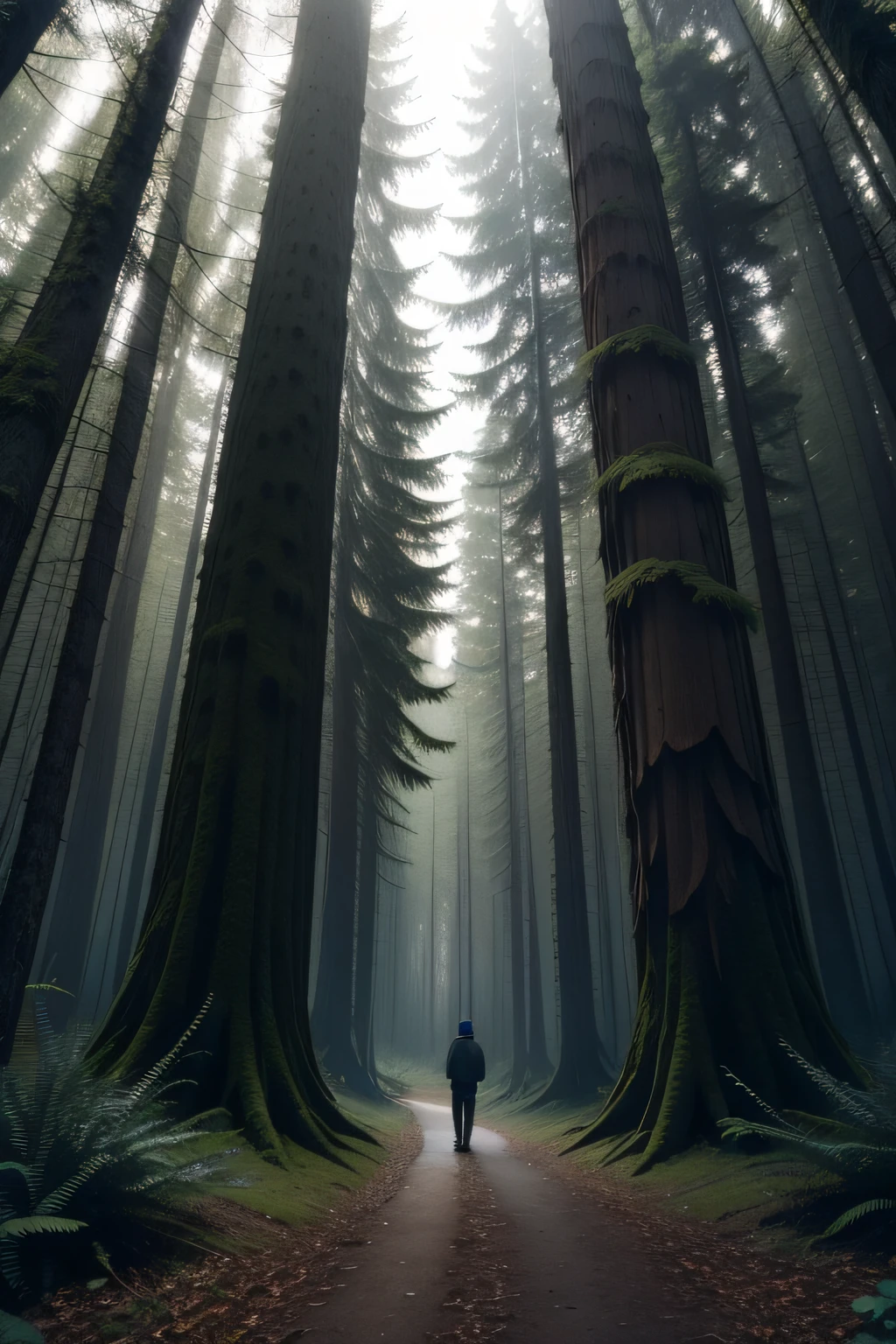 Photo of two friends exploring a mysterious dark forest with large trees