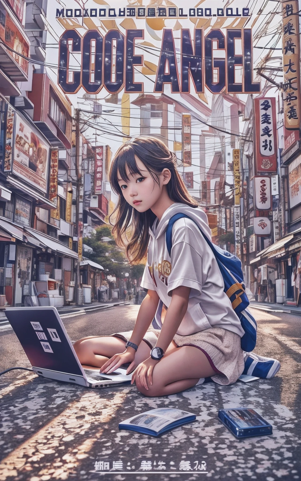 Movie Photography Movie Posters, 13-year-old girl sitting at a shrine in the valley between the buildings in Akihabara, tokyo prefecture, Working with a laptop. The morning sun is shining. 8K, Best Rendering, Top Text Says "Code Angel" Behind a girl looking in the direction of the morning sun、There is a girl's hair that receives the light of the morning sun、Girl in a hoodie、Geeky girl、Solo Girl、Beautiful skins、Detailed rendering、Highest Quality Photos、masterpiece