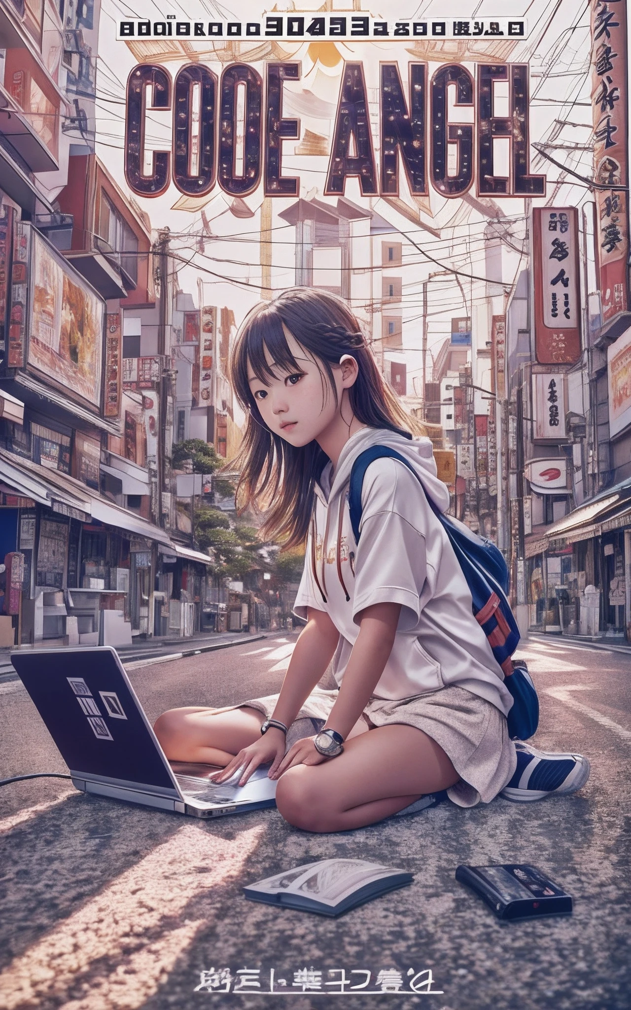 Movie Photography Movie Posters, -yeld gisitting at a shrine in the valley between buildings in Akihabara, tokyo prefecture, Working with a laptop. The morning sun is shining. 8K, Best Rendering, Top Text Says "Code Angel" Behind a girl looking in the direction of the morning sun、There is a girl's hair that receives the light of the morning sun、Girl in a hoodie、Geeky girl、Solo Girl、Beautiful skins、Detailed rendering、Highest Quality Photos、masterpiece