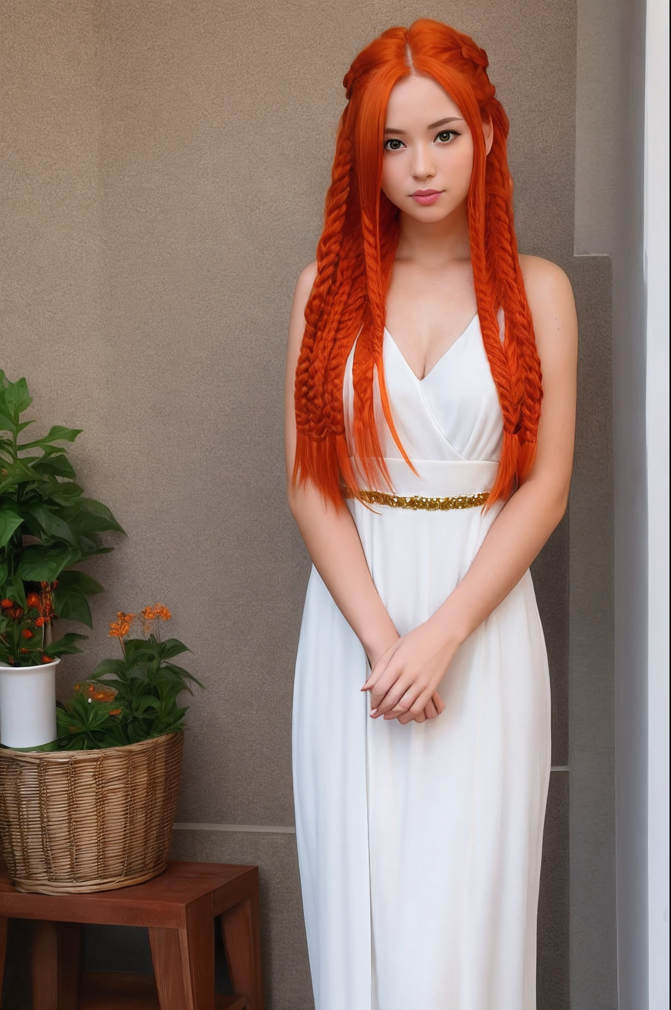 Woman with long red hair posing for photo, orange hair, she has long redorange hair, llong orange hair, orange glowing hair, Orange skin and long fiery hair, bright orange hair, with red hair, long braided orange-red hair, long wavy orange hair, she has long orange brown hair, Very long orange hair, orange hair, braided, fiery hair, ornaments, a gold, Emeralds