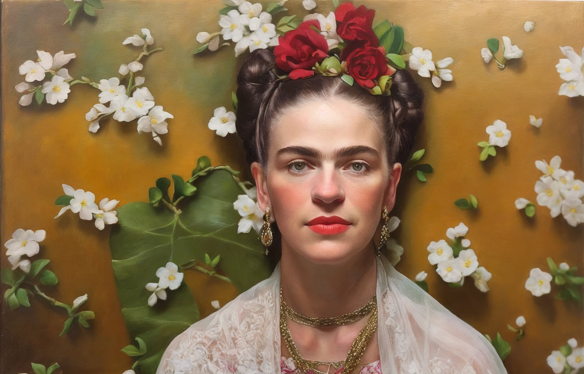Make Frida Kahlo a goddess. Her skin render and flowers in the background