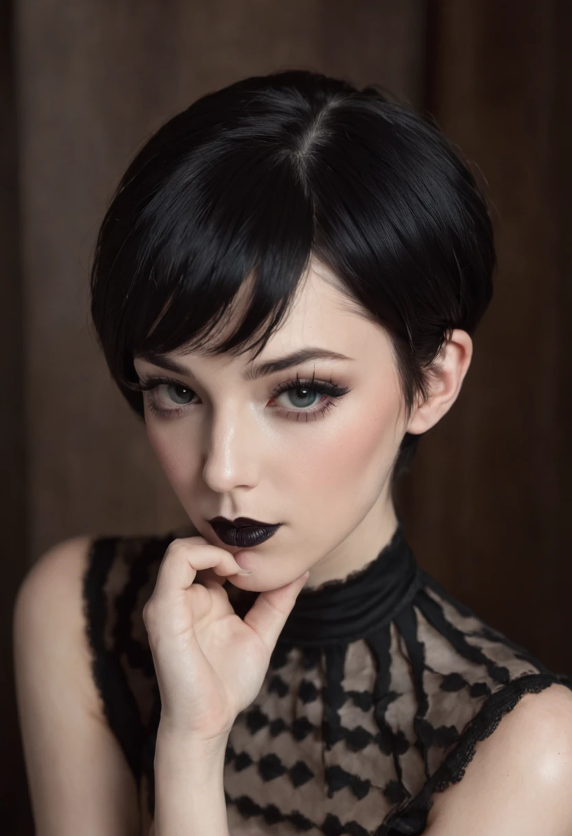 A portrait of an alluring goth girl with short black hair, a small bust, and a curvy figure posing with her finger gently pressed against her lips as she gazes downward. She sits on the floor, her legs partially crossed wearing a short, black pleated skirt that reveals her pale thighs and sheer black thigh-high stockings. Her jet black, pixie-cut hair frames her face. She wears dark purple lipstick that matches her black corset, accentuating her tiny waist and ample hips. A black choker collar sits around her elegant neck. Her eyes are cast downward with alluringly darkened lashes. She exudes a mysterious yet beguiling aura. The lighting accentuates the contours of her curvy, petite posed form and clothing details. The nondescript background keeps the focus on her gesture and outfit. The image is photorealistic with intimate detail.