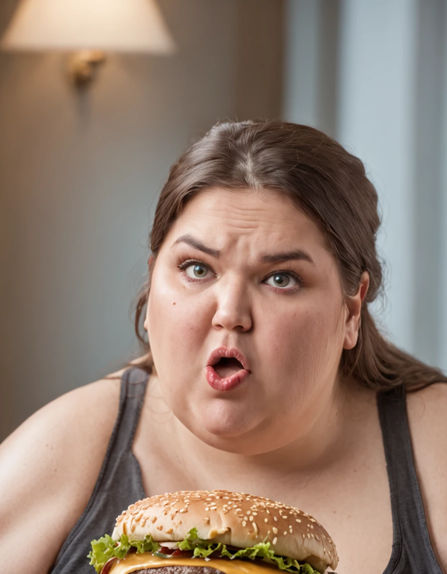 Extremely obese woman weighing 200 pounds biting into a burger Desperately wide-eyed expression shocked on her face