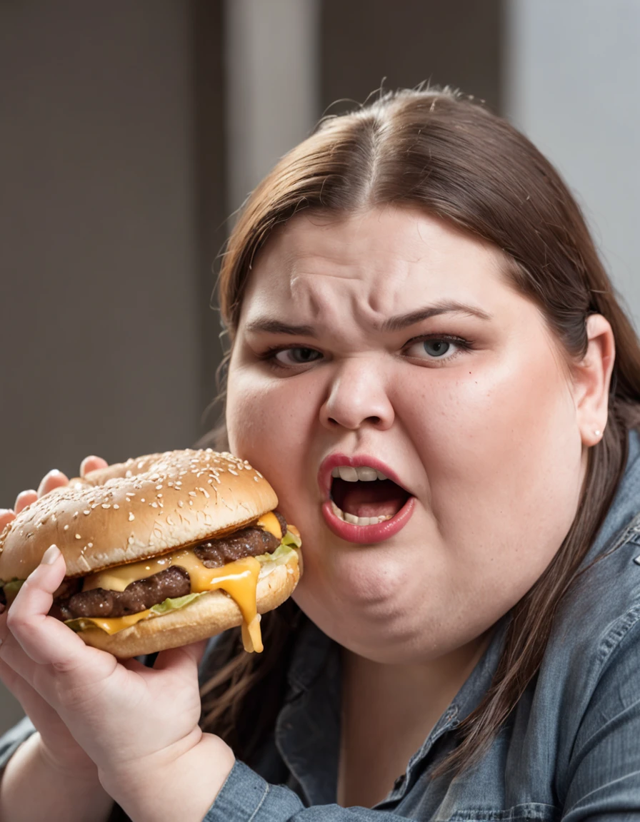 Extremely obese woman weighing 200 pounds biting into a burger Desperately wide-eyed expression shocked on her face