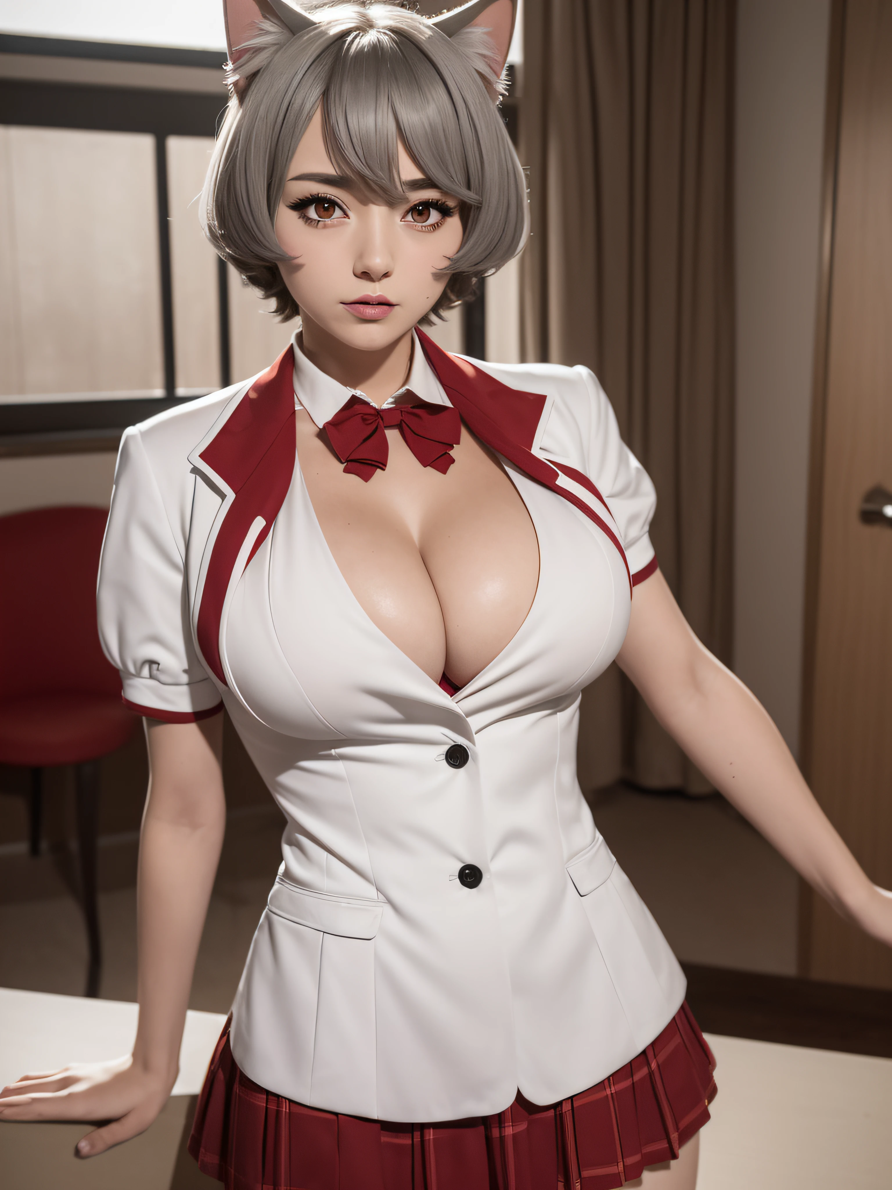 ((masterpiece, best quality, absurdres)), 1girl, a girl named lineana, large breasts, cat ears, red eyes, cat ears, cat tail, cleavage, gray hair, short hair, uniform, short sleeves, white jacket, red pleated skirt, red bow, upper body, indoors, looking at viewer, windows