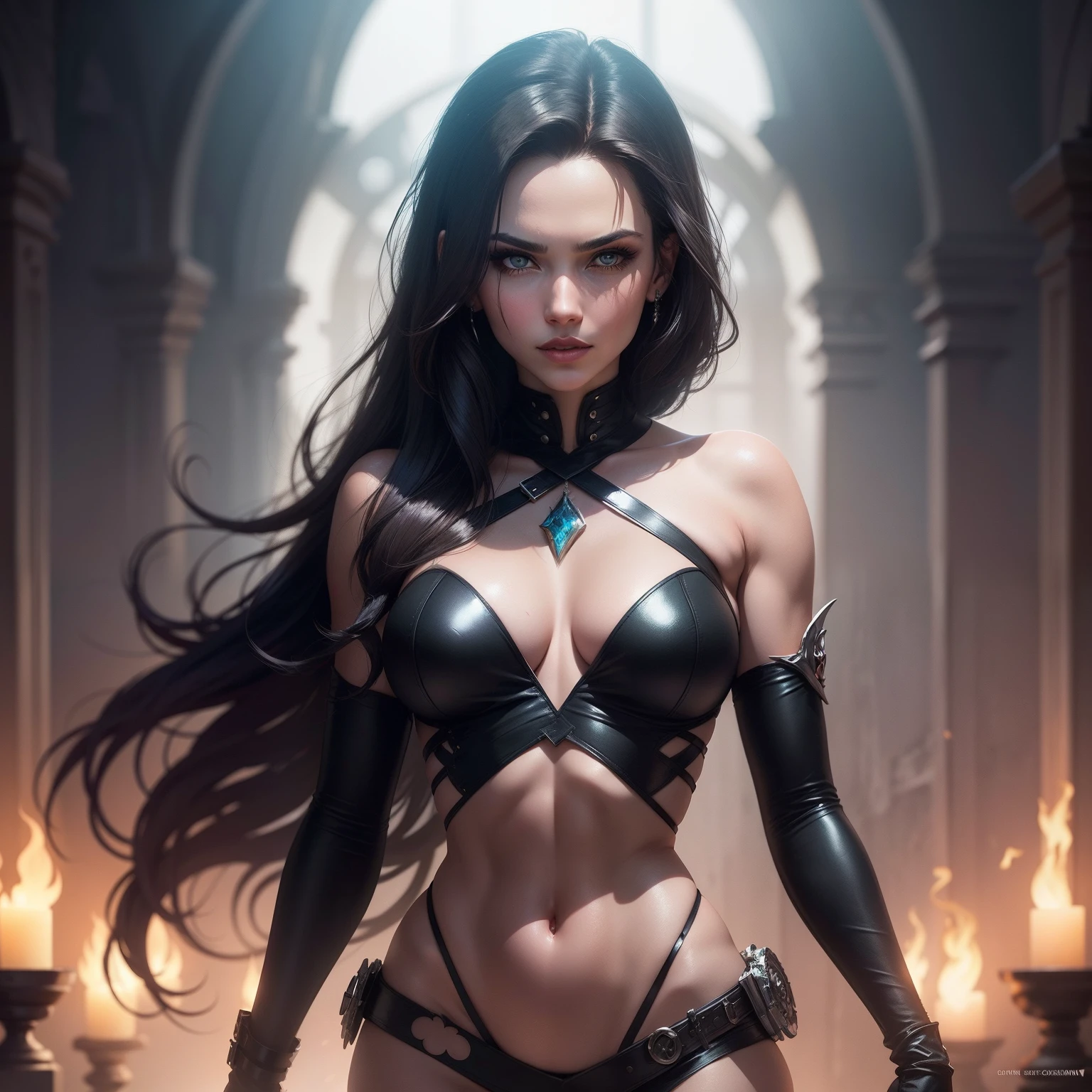 "Envision Mazikeen: dark and enigmatic, exuding allure and strength, adorned with sleek black cascading hair, captivating piercing eyes, and a playful smirk."