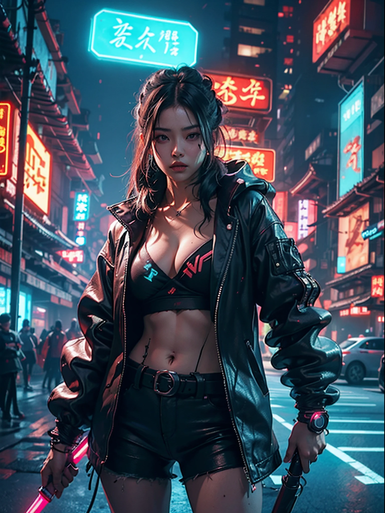 1 cyberpunk girl, tech jacket, long shapeless hair, Best quality, masterpiece, ultra high res, (photorealistic:1.4), xiuxian, weapon, cleavage, (glowing neon lights:1.2),xiuxian, cowboy shot, ((east asian cyberpunk architecture))